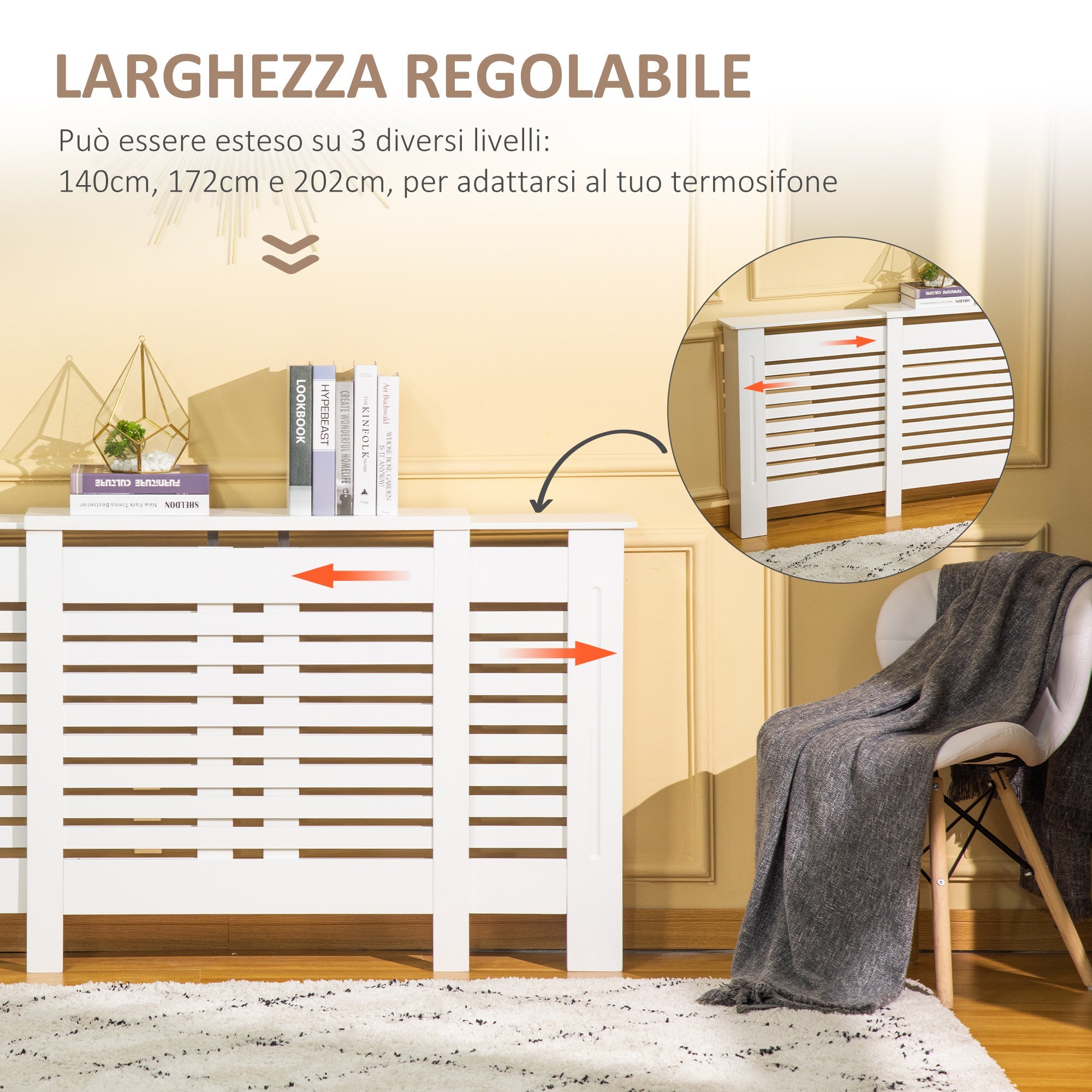 EASYCOMFORT Mobile Heater Cover Adjustable Width and Top Shelf in MDF and Wood - White