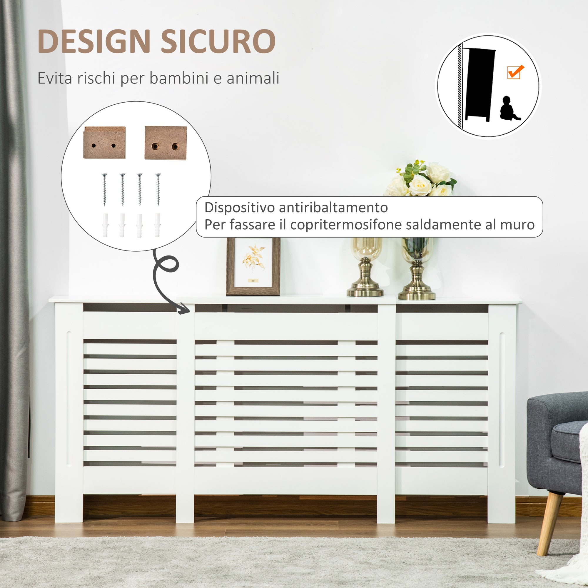 EASYCOMFORT Mobile Heater Cover Adjustable Width and Top Shelf in MDF and Wood - White