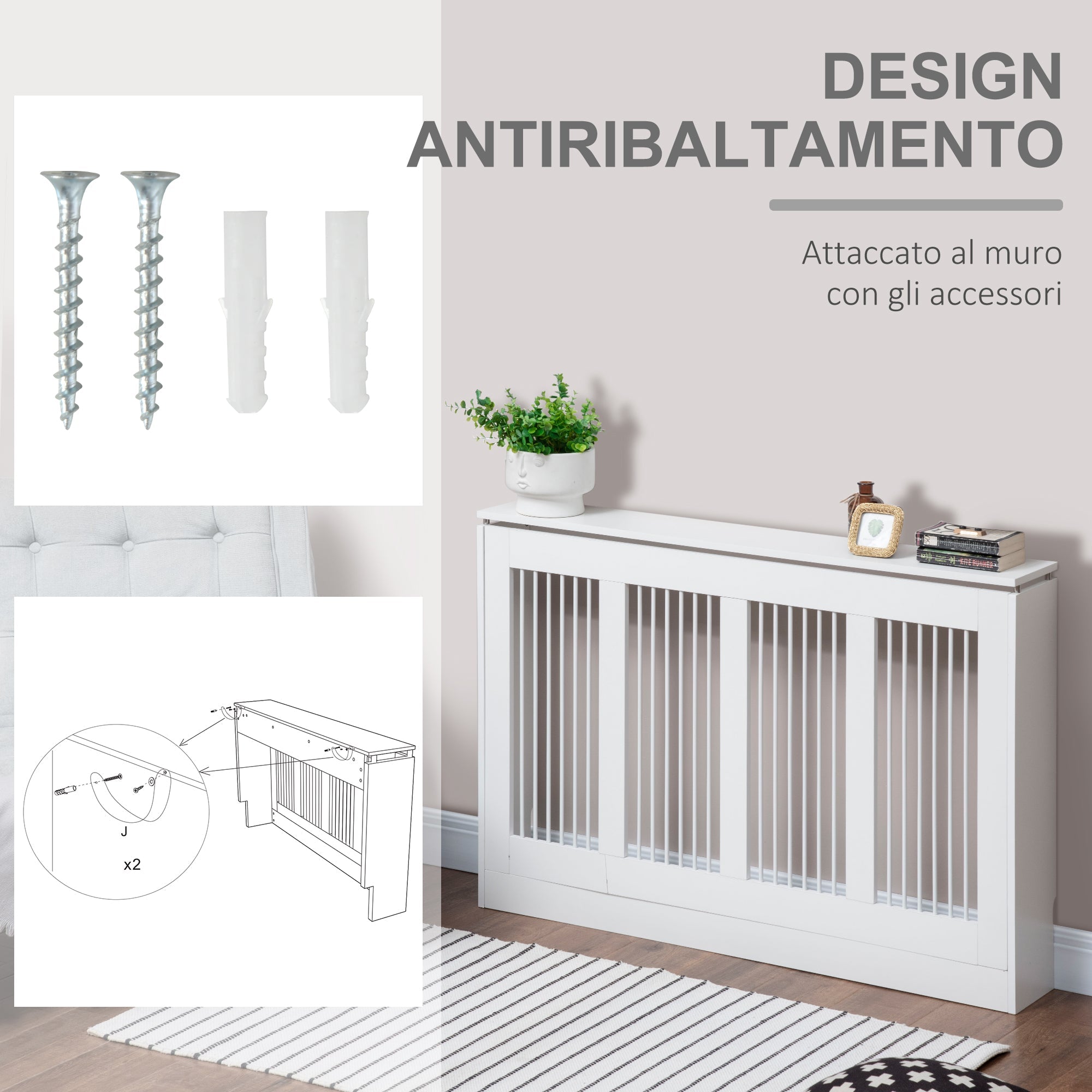 EASYCOMFORT Modern and Elegant Slatted Radiator Cover for the Home, in MDF and Steel, 120x18x84cm, White