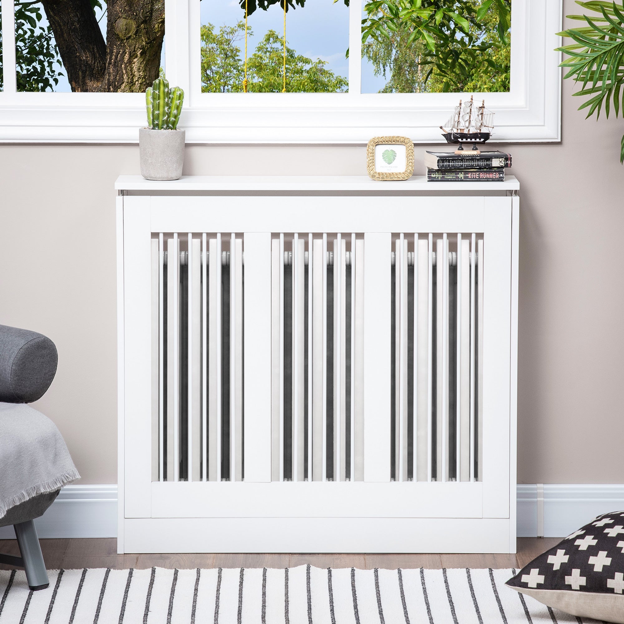 Easycomfort Copritermosifone a Doghe Moderno ed Elegante per la Casa, in MDF e Acciaio, 90x18x84cm, white