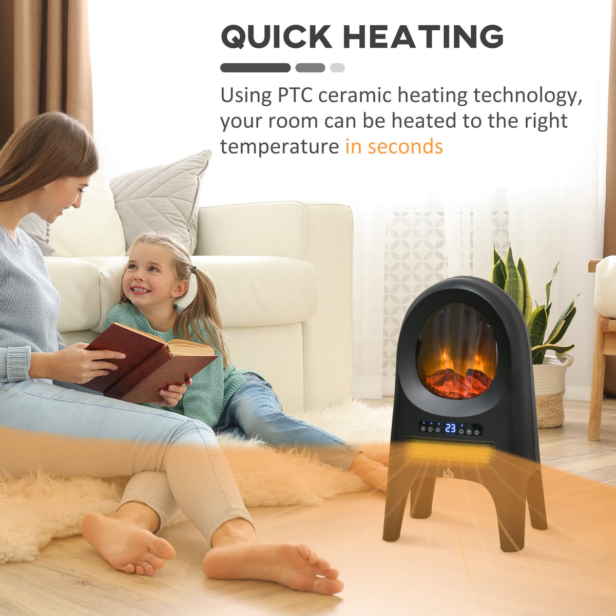 EasyComfort ventilatorkachel 1000/2000 W met vlameffect, zwart