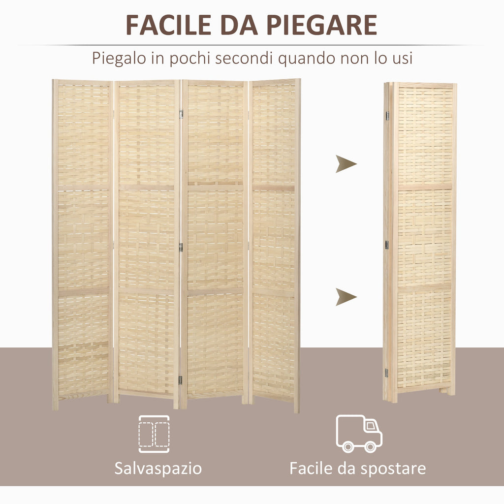 Easycomfort Paravento Separé da Interno a 4 Ante in Legno e Bambù, Pieghevole e Salvaspazio Altezza 170cm, Marrone
