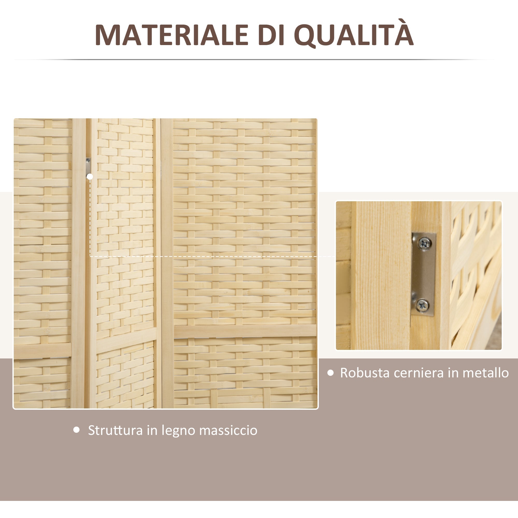 Easycomfort Paravento Separé da Interno a 4 Ante in Legno e Bambù, Pieghevole e Salvaspazio Altezza 170cm, Marrone