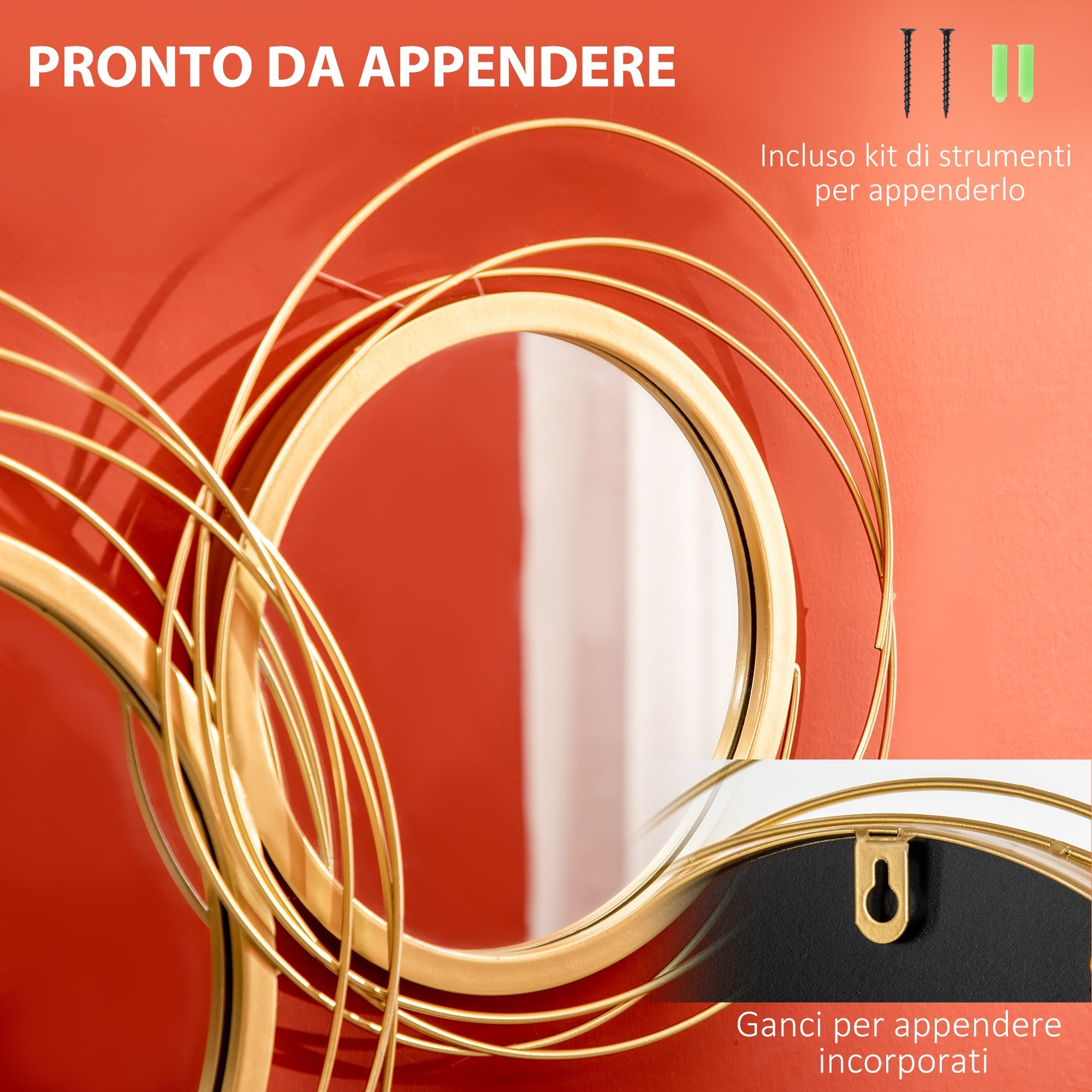 EasyComfort 3D metalen wanddecoratie met spiegels 107x56 cm, goud
