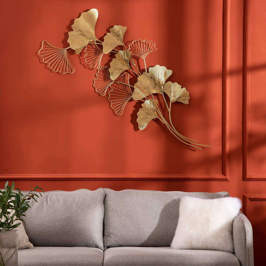 Easycomfort Decorazione Murale 3D in Metallo, Wall Art Dorata with Foglie di Ginkgo 138x70cm