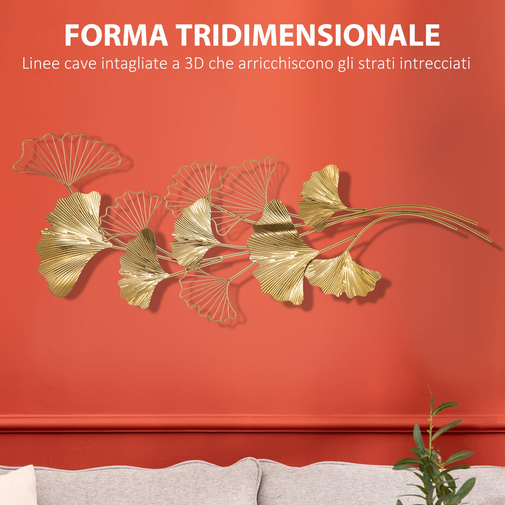 Easycomfort Decorazione Murale 3D in Metallo, Wall Art Dorata with Foglie di Ginkgo 138x70cm