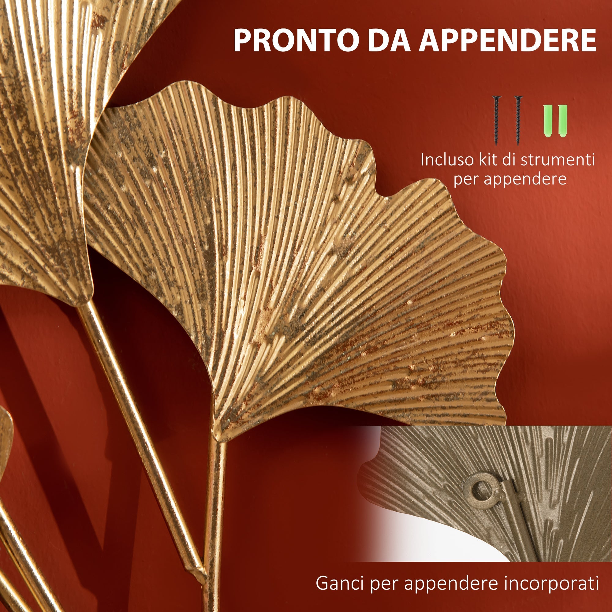 Easycomfort Decorazione Murale 3D in Metallo, Wall Art Dorata with Foglie di Ginkgo 138x70cm