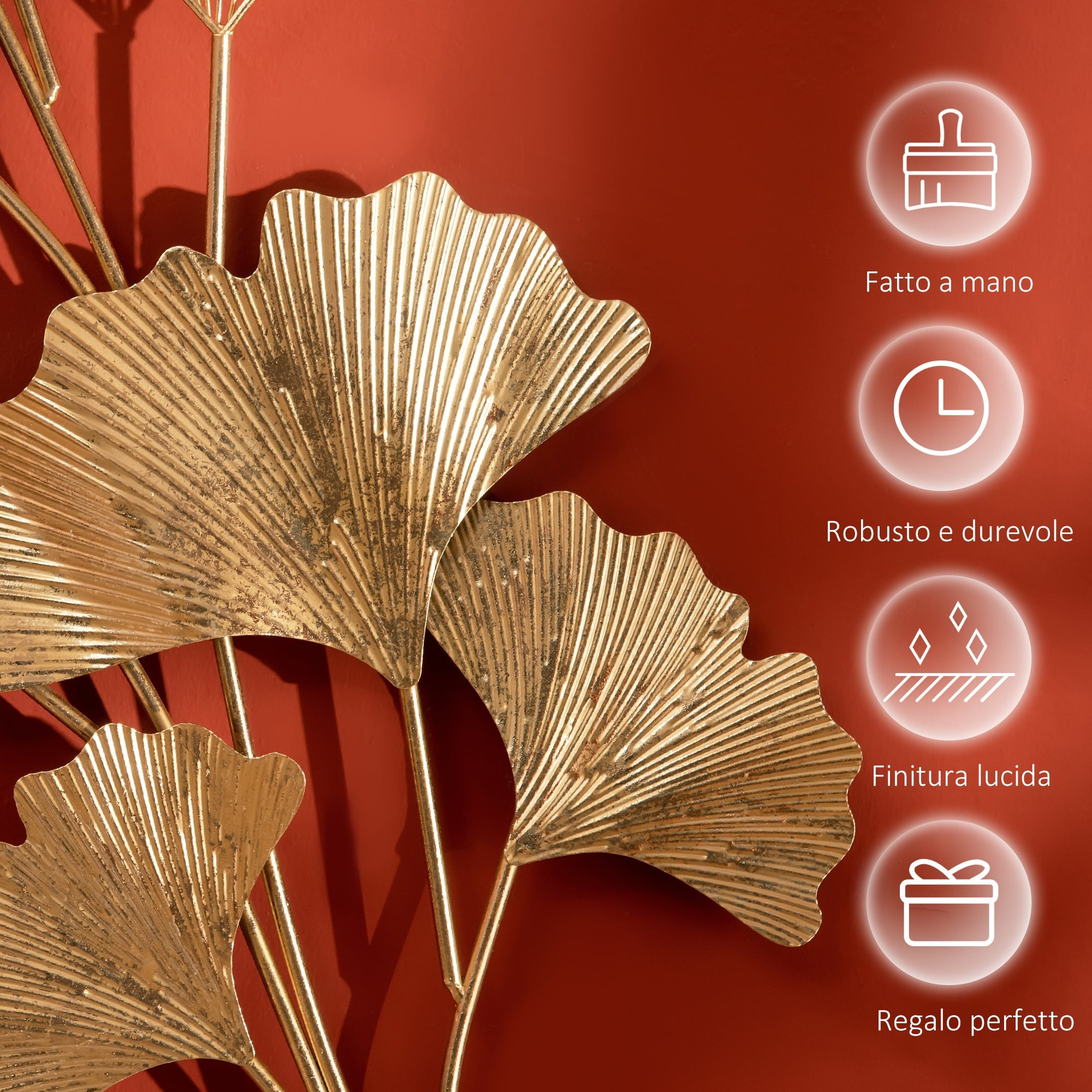 Easycomfort Decorazione Murale 3D in Metallo, Wall Art Dorata with Foglie di Ginkgo 138x70cm