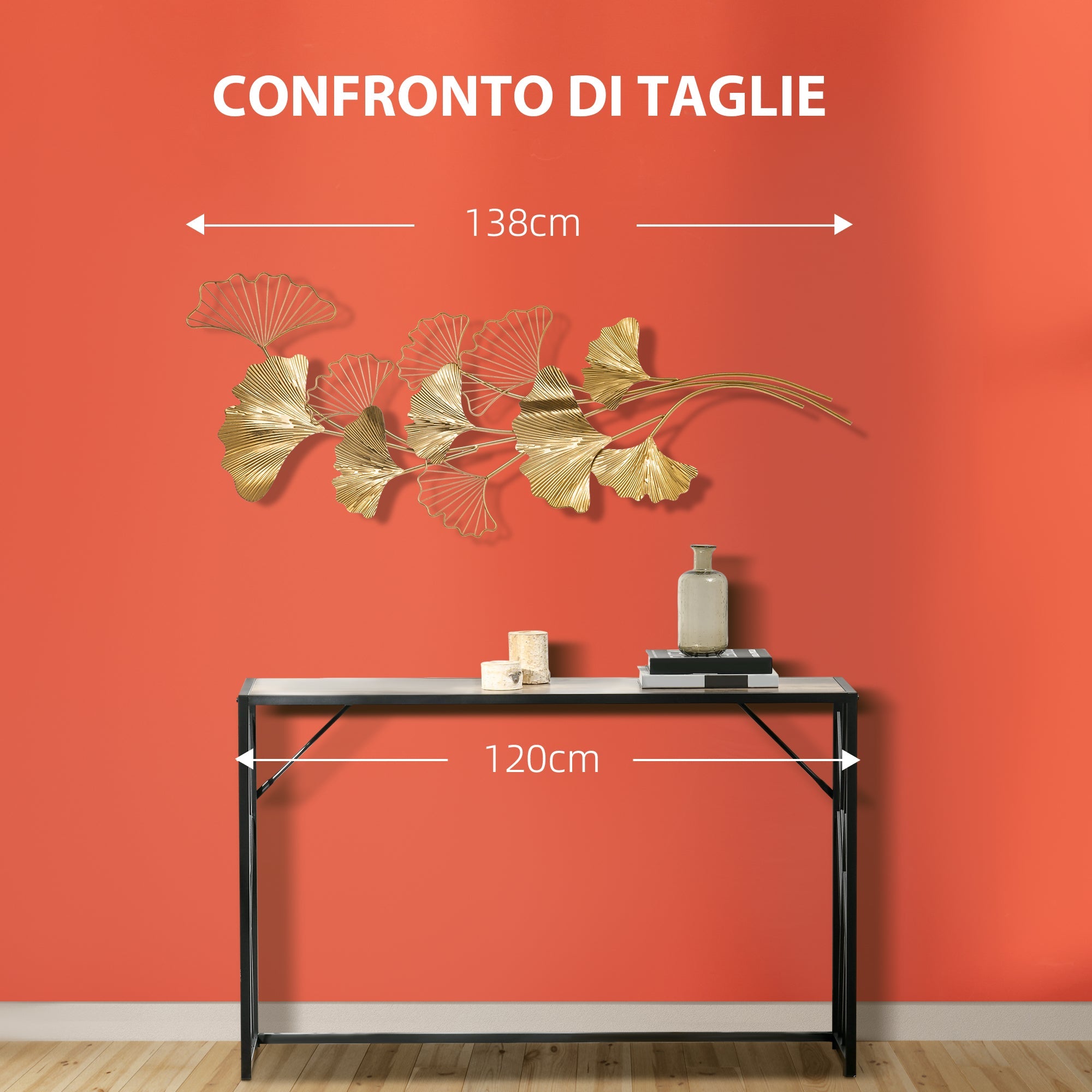 Easycomfort Decorazione Murale 3D in Metallo, Wall Art Dorata with Foglie di Ginkgo 138x70cm