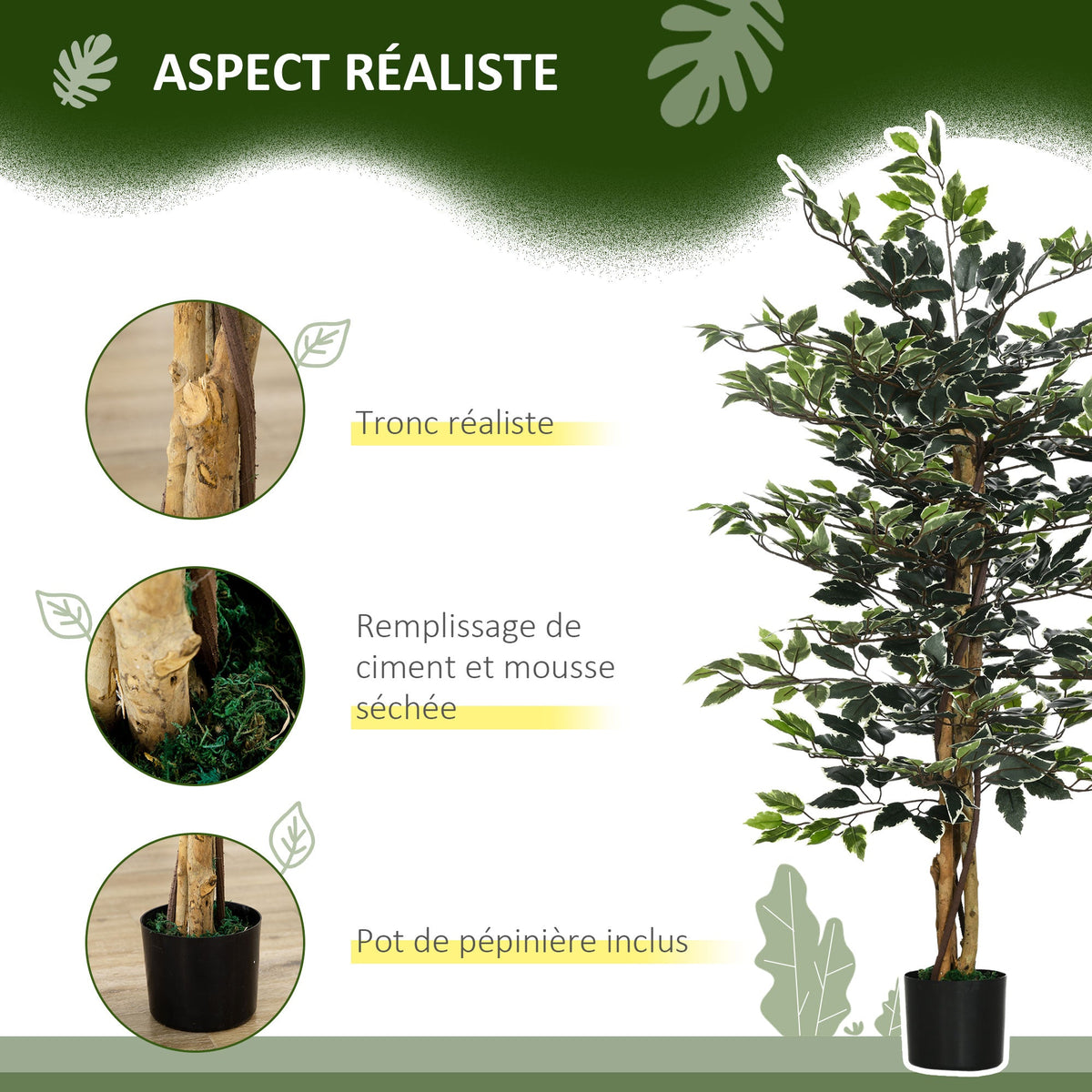 EasyComfort Ficus kunstplant 130 cm — 3 stammen, 702 bladeren, pot Ø15x 12.5 cm