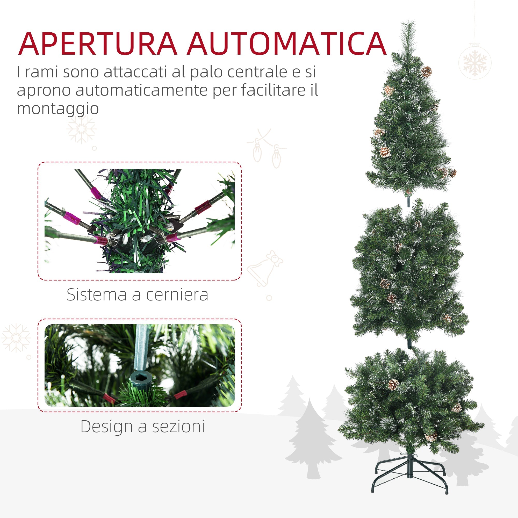 Easycomfort Albero di Natale Artificiale da 180cm with Pigne, 618 Rami e Base in Metallo, Verde
