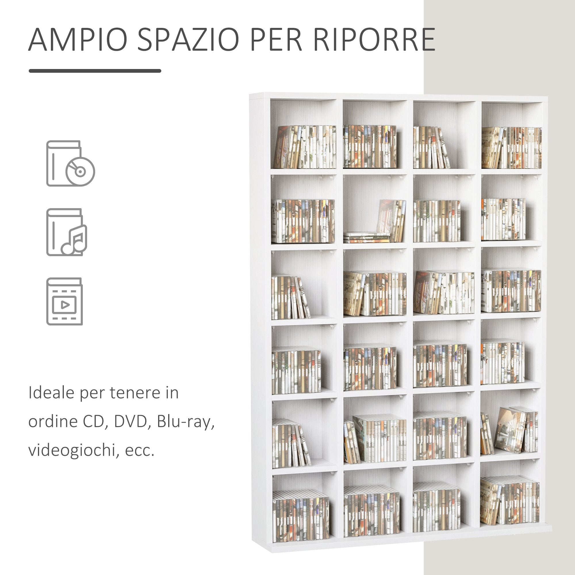 Easycomfort Mobile Libreria porta CD da 24 Ripiani ad Altezza Regolabile, in Truciolato, 130.5x89x20 cm, white