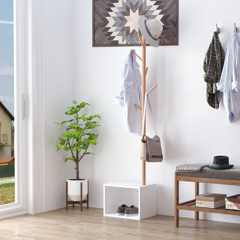Easycomfort Appendiabiti with Panchina Cubo per Scarpe Per Ingresso e Camera da Letto 6 Ganci, Bambù Legno MDF, white, 40x30x180cm