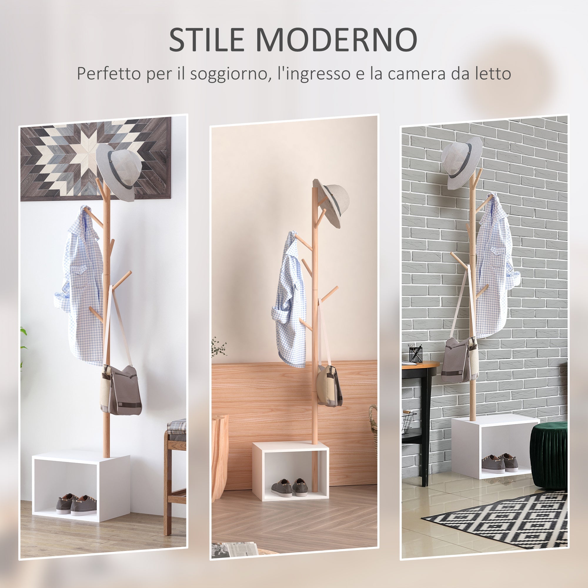 Easycomfort Appendiabiti with Panchina Cubo per Scarpe Per Ingresso e Camera da Letto 6 Ganci, Bambù Legno MDF, white, 40x30x180cm