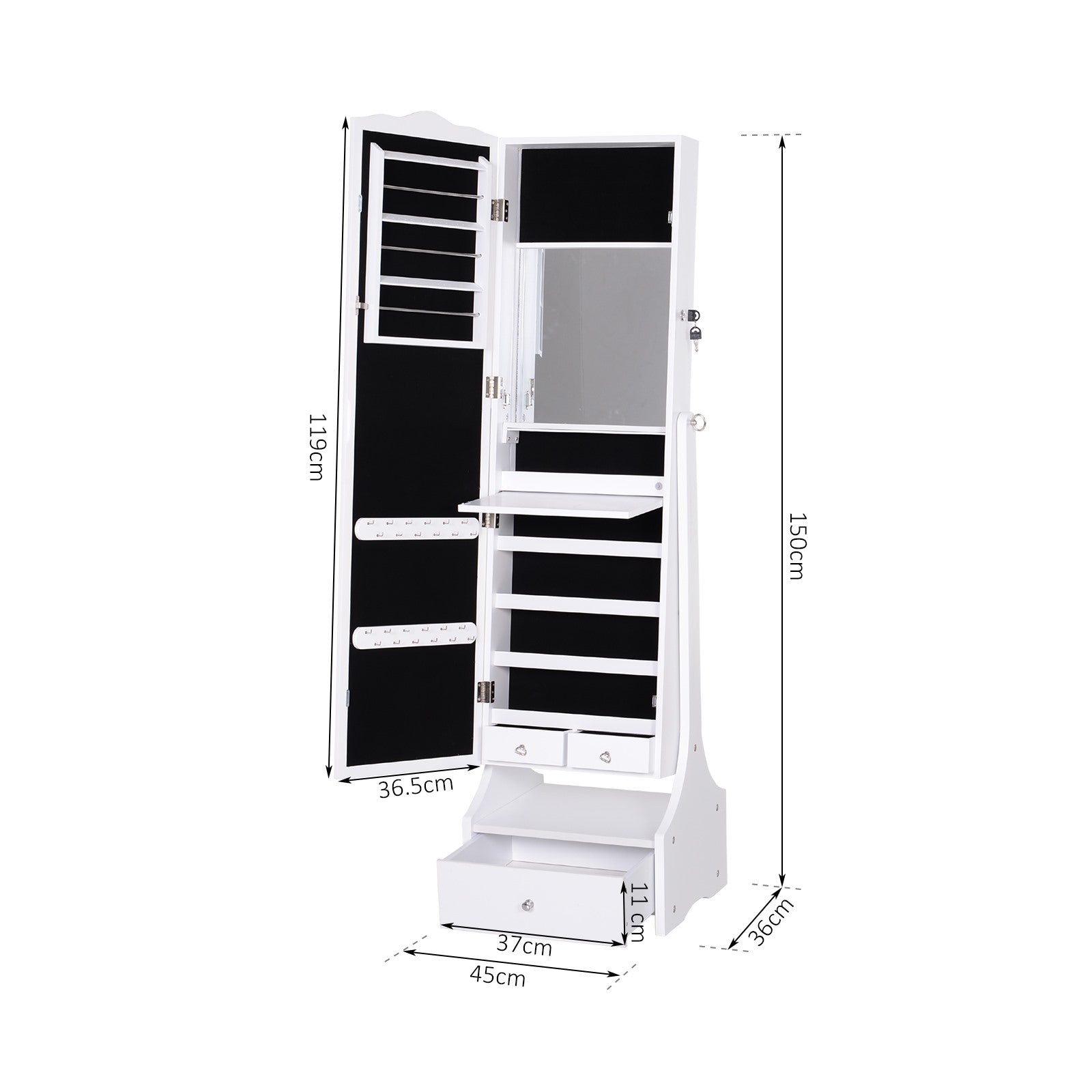 Easycomfort LED Portagioie Armadio per Gioielli with Specchio with Base a Cassettiera cassetto Organizzatore Gioielli e Accessori 45x36x150 cm