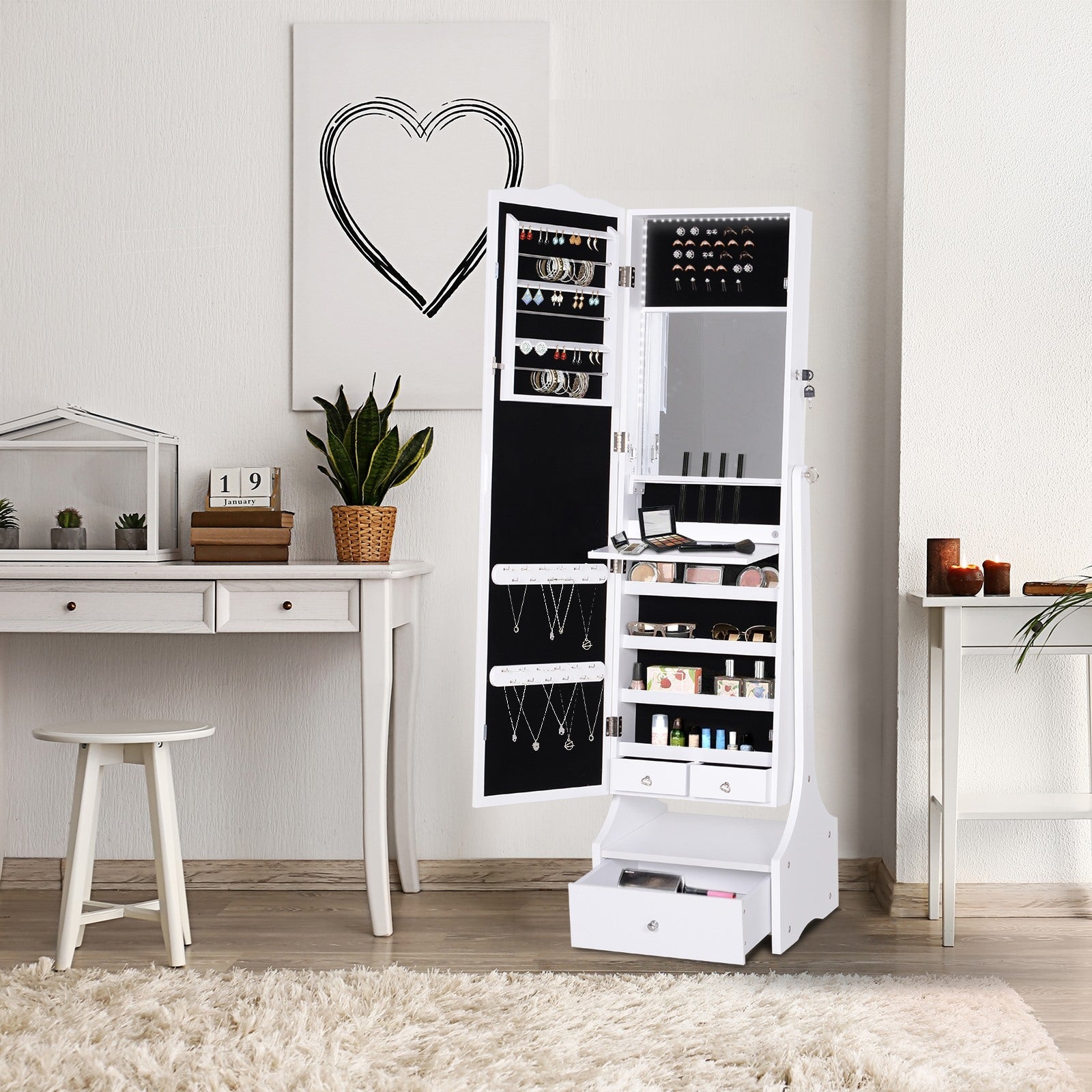 Easycomfort LED Portagioie Armadio per Gioielli with Specchio with Base a Cassettiera cassetto Organizzatore Gioielli e Accessori 45x36x150 cm
