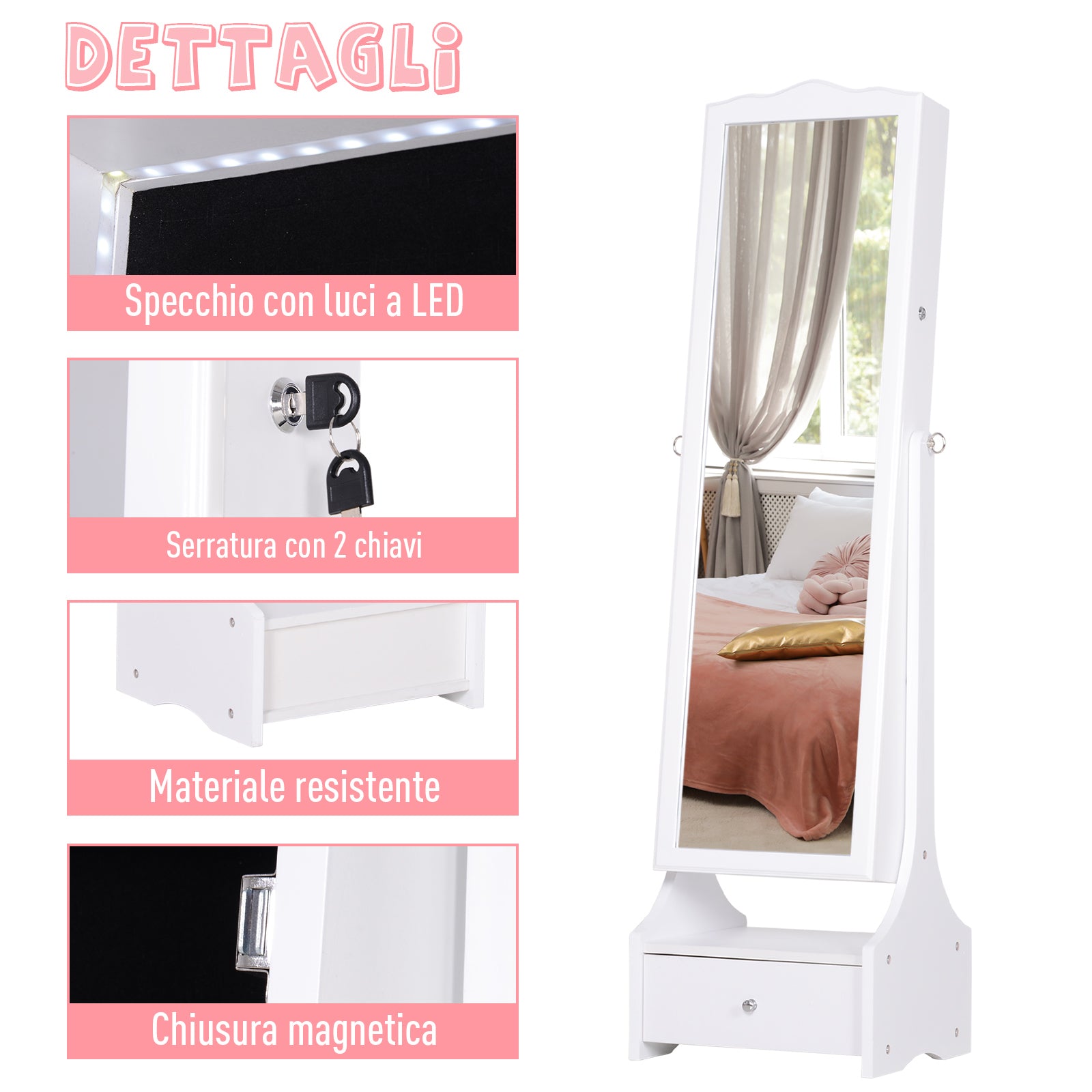Easycomfort LED Portagioie Armadio per Gioielli with Specchio with Base a Cassettiera cassetto Organizzatore Gioielli e Accessori 45x36x150 cm
