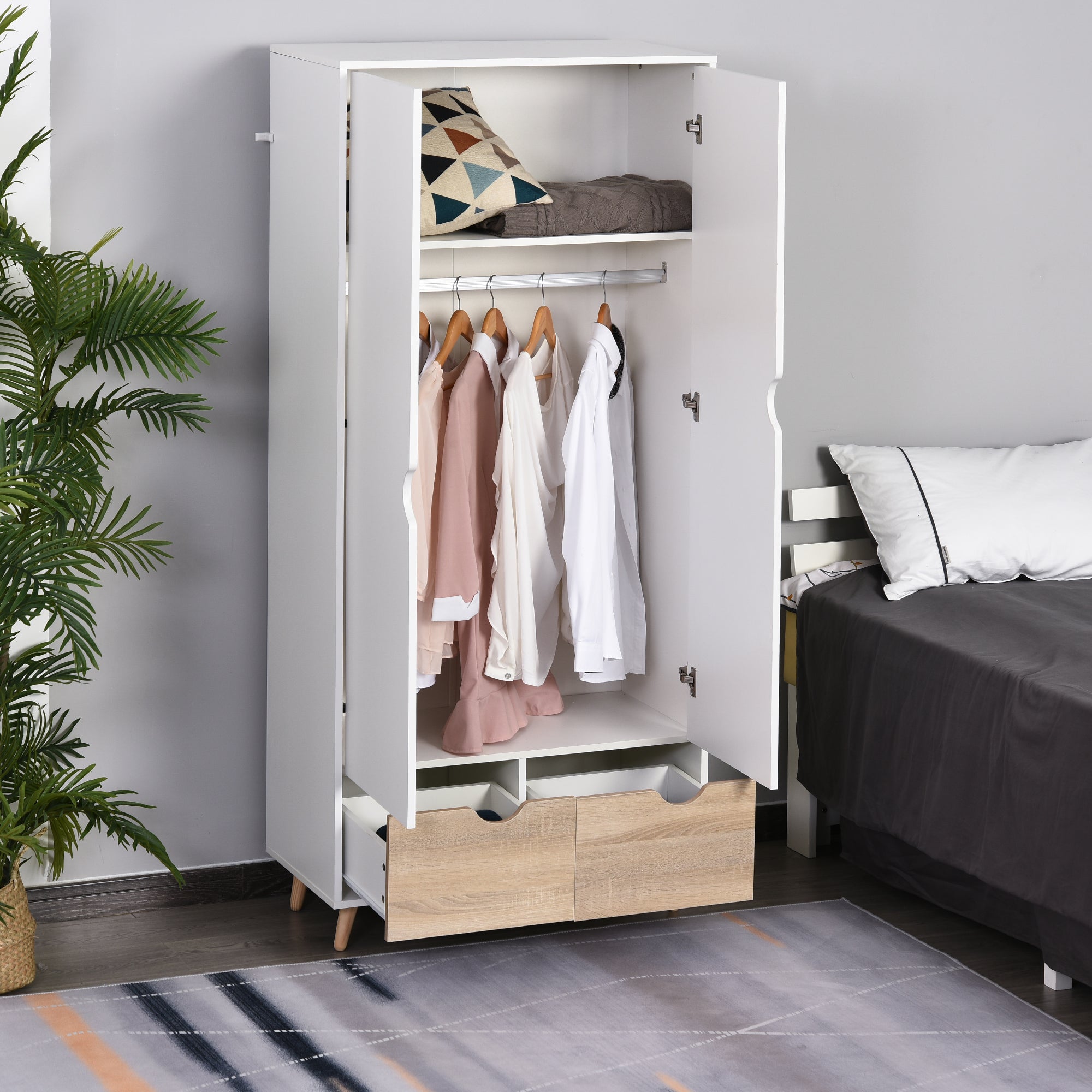 Easycomfort Armadio a Due Ante in Legno with 1 Ripiano, 1 Appendiabiti, 2 Cassetti with Maniglie Intagliate, white 80x40x180cm