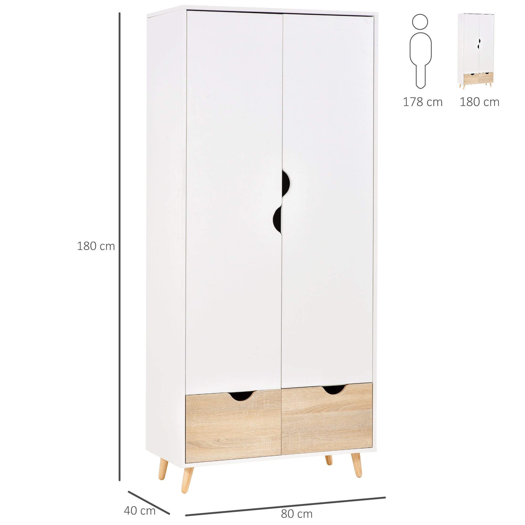 Easycomfort Armadio a Due Ante in Legno with 1 Ripiano, 1 Appendiabiti, 2 Cassetti with Maniglie Intagliate, white 80x40x180cm