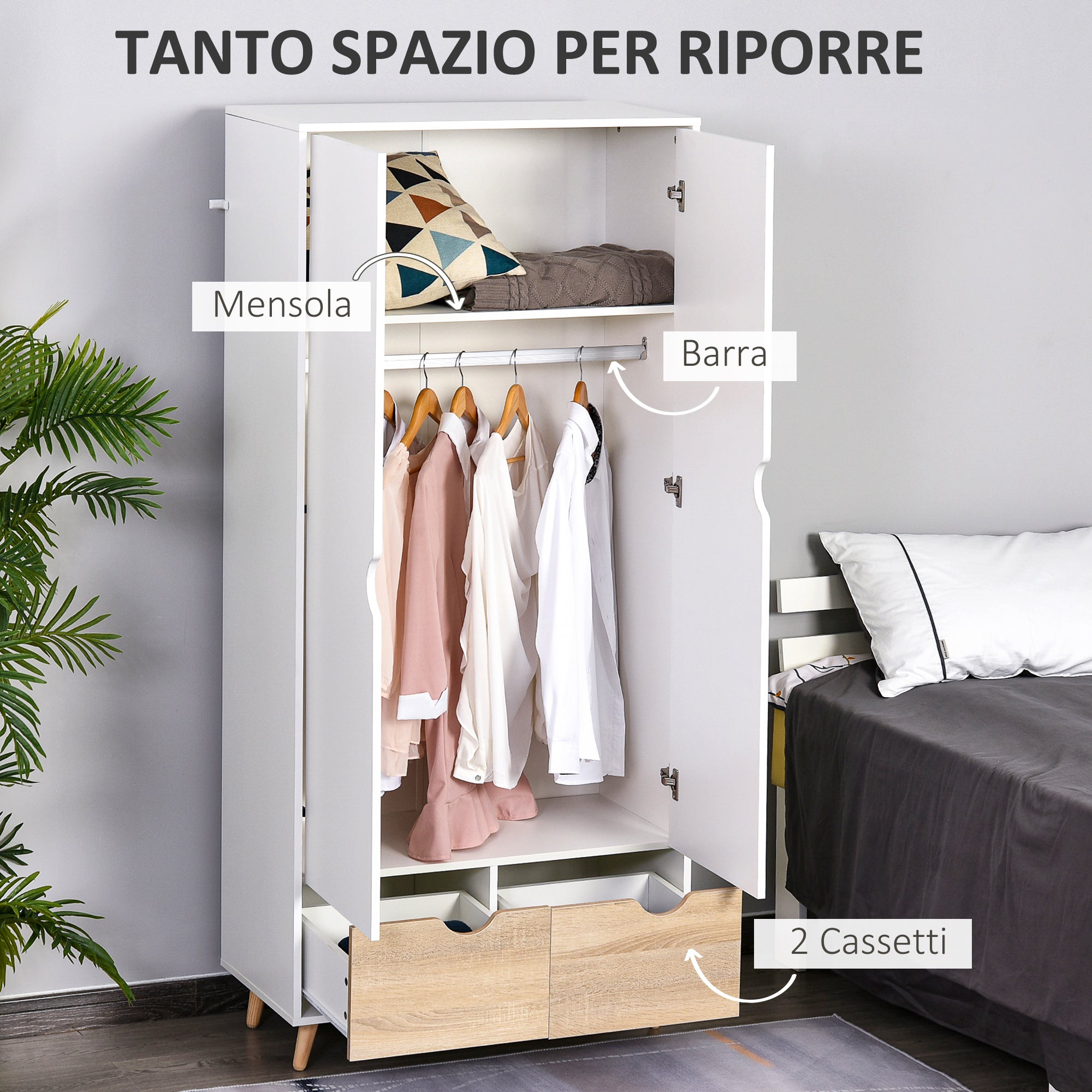 Easycomfort Armadio a Due Ante in Legno with 1 Ripiano, 1 Appendiabiti, 2 Cassetti with Maniglie Intagliate, white 80x40x180cm