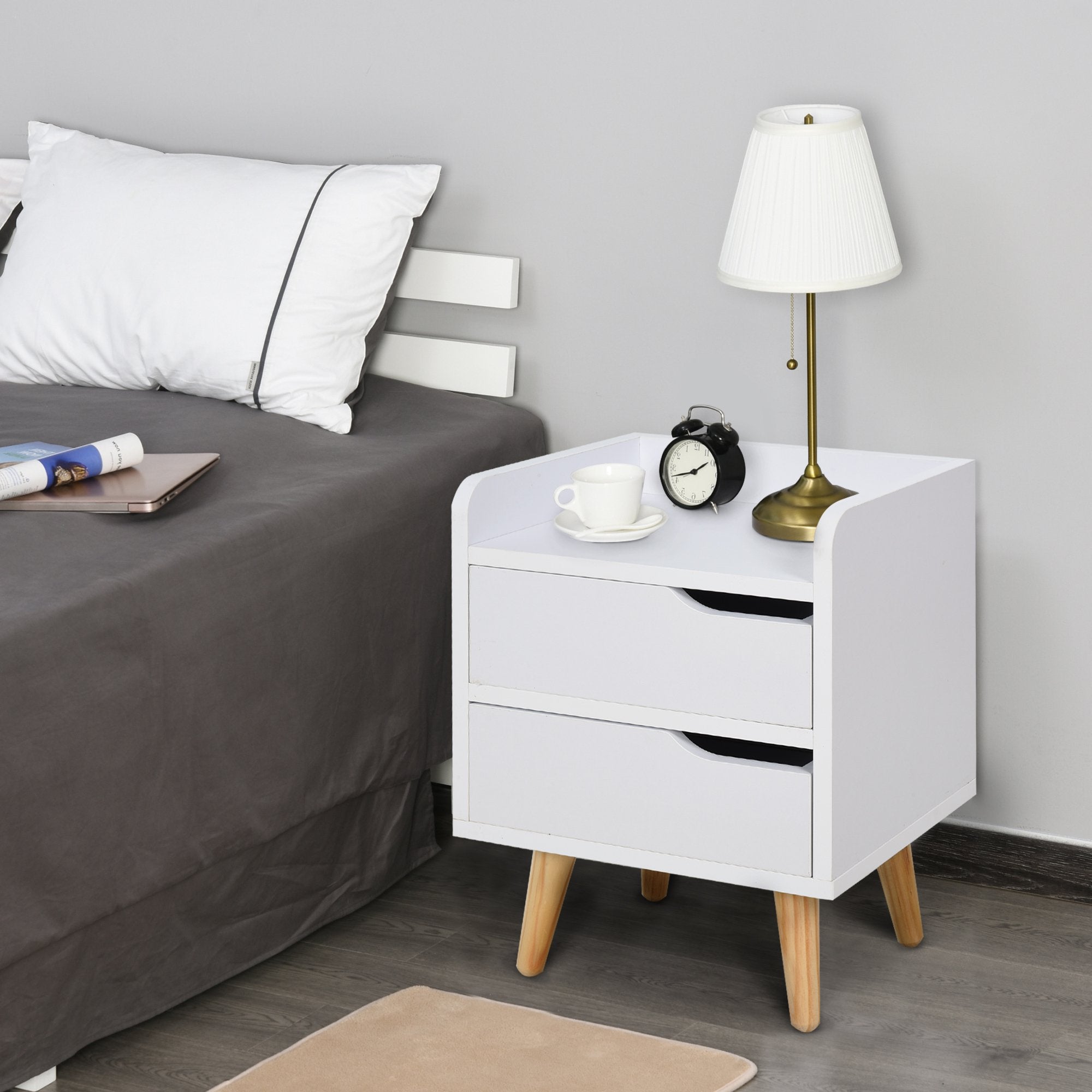 Easycomfort Comodino Salvaspazio dal Design Moderno in Legno white, Piccola Cassettiera Camera da Letto with 2 Cassetti e Piedini in Legno di Pino 33 x 28 x 42cm