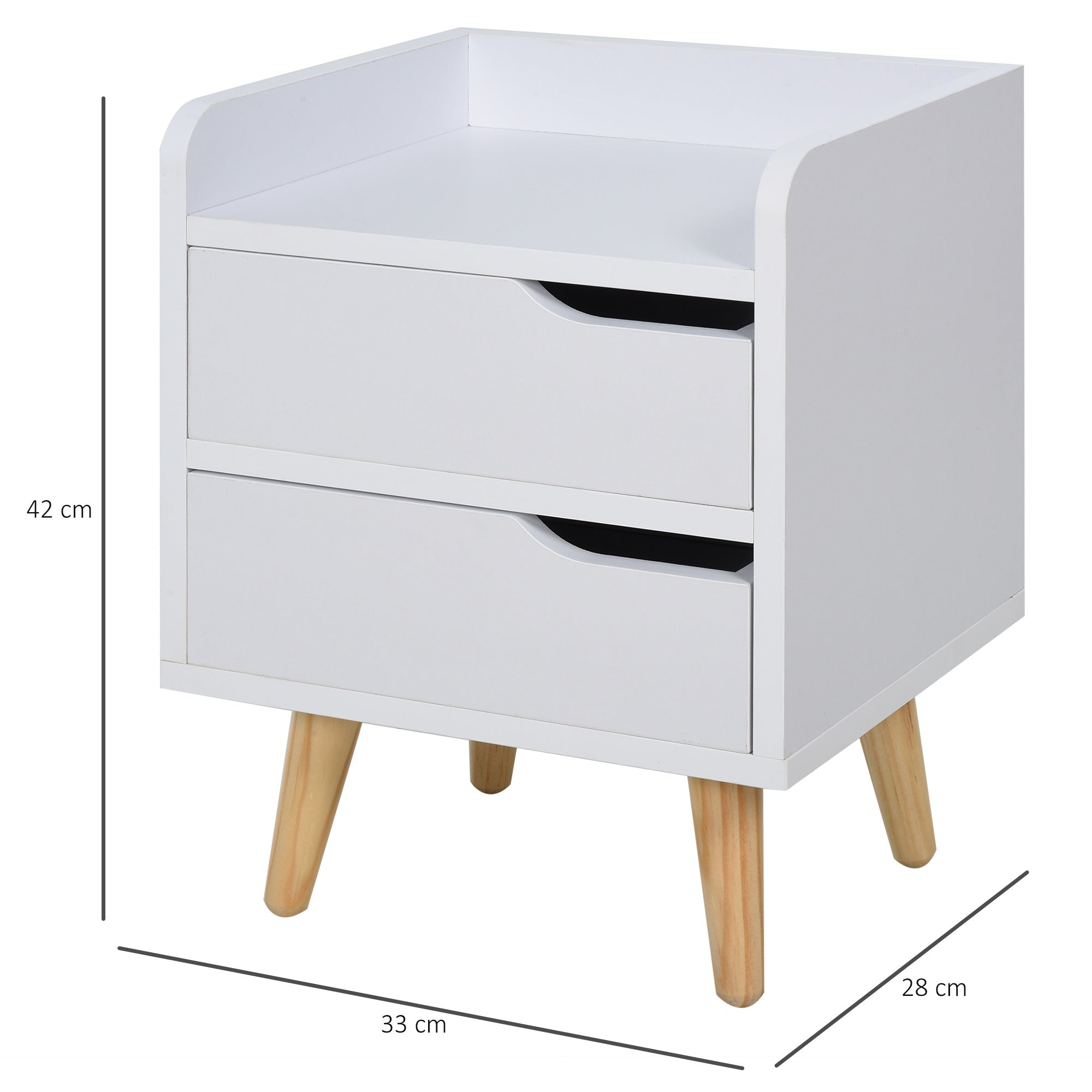 Easycomfort Comodino Salvaspazio dal Design Moderno in Legno white, Piccola Cassettiera Camera da Letto with 2 Cassetti e Piedini in Legno di Pino 33 x 28 x 42cm