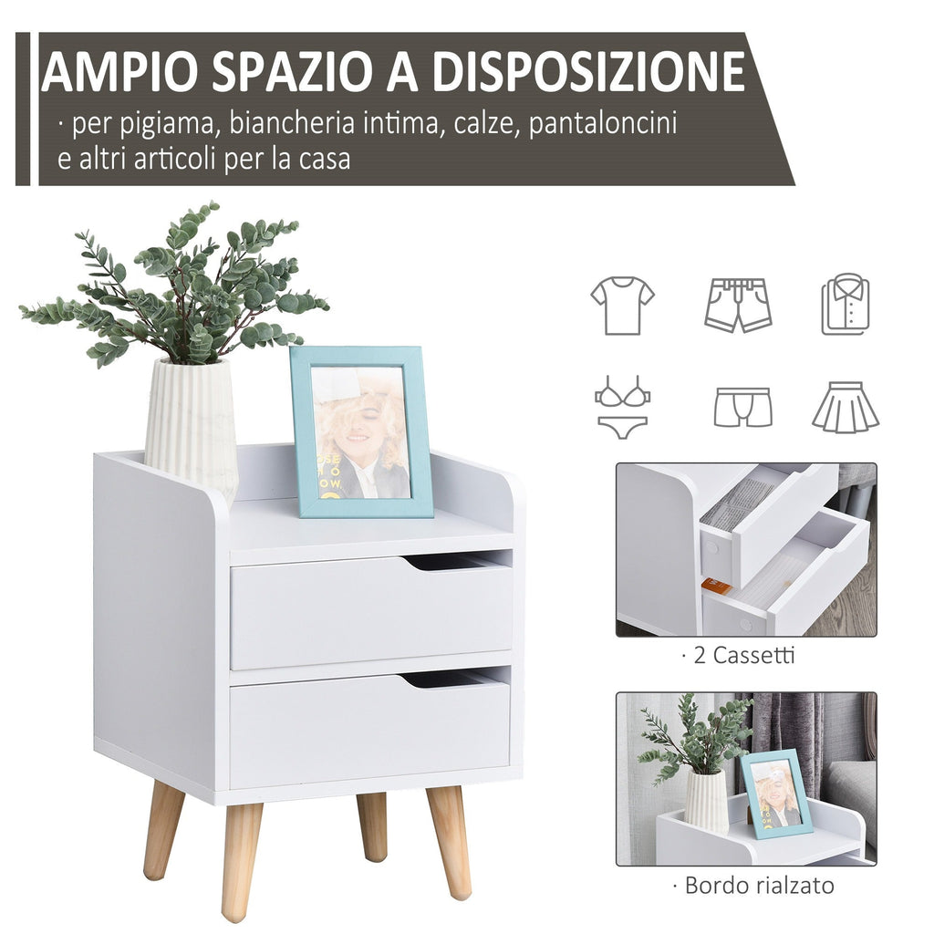 Easycomfort Comodino Salvaspazio dal Design Moderno in Legno white, Piccola Cassettiera Camera da Letto with 2 Cassetti e Piedini in Legno di Pino 33 x 28 x 42cm