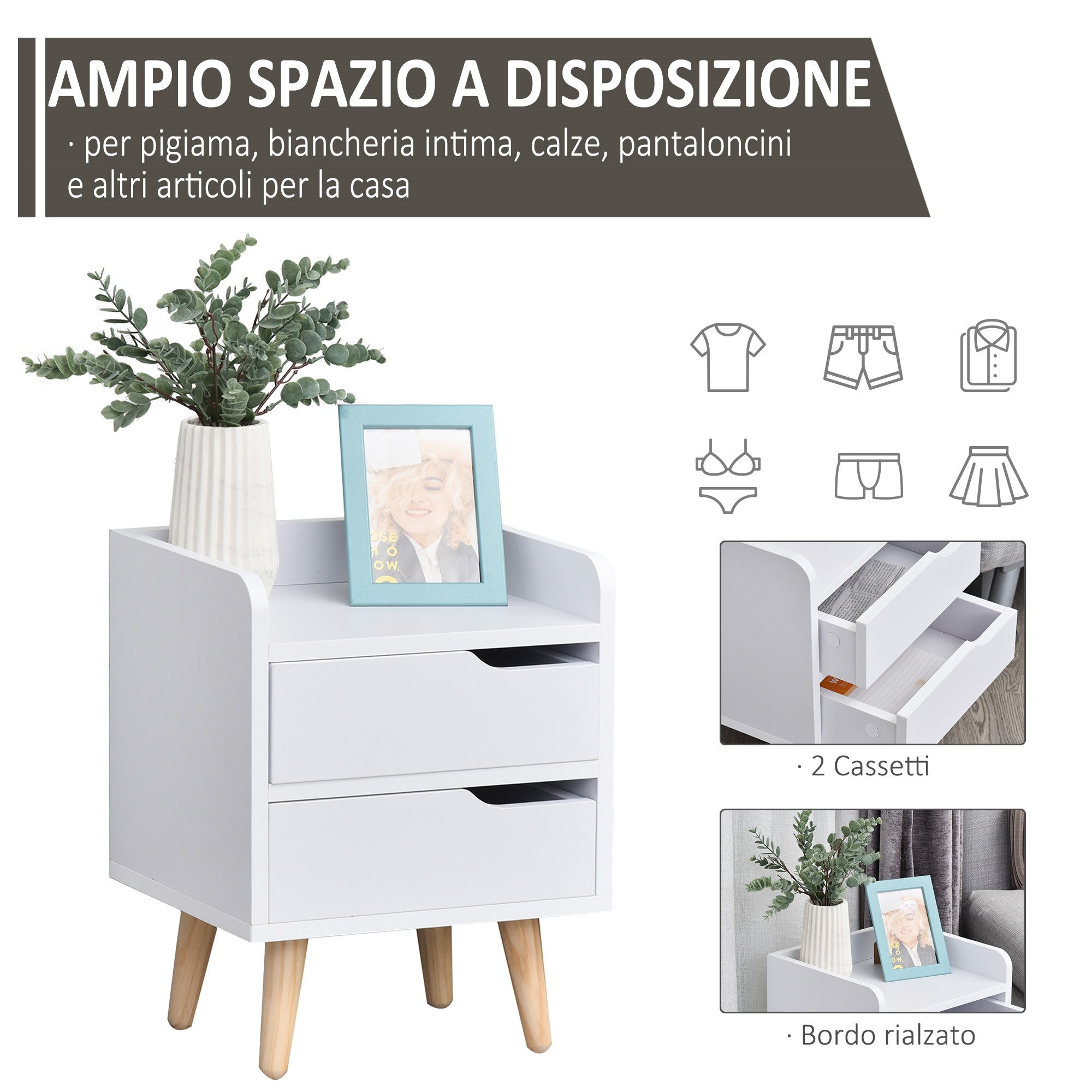 Easycomfort Comodino Salvaspazio dal Design Moderno in Legno white, Piccola Cassettiera Camera da Letto with 2 Cassetti e Piedini in Legno di Pino 33 x 28 x 42cm