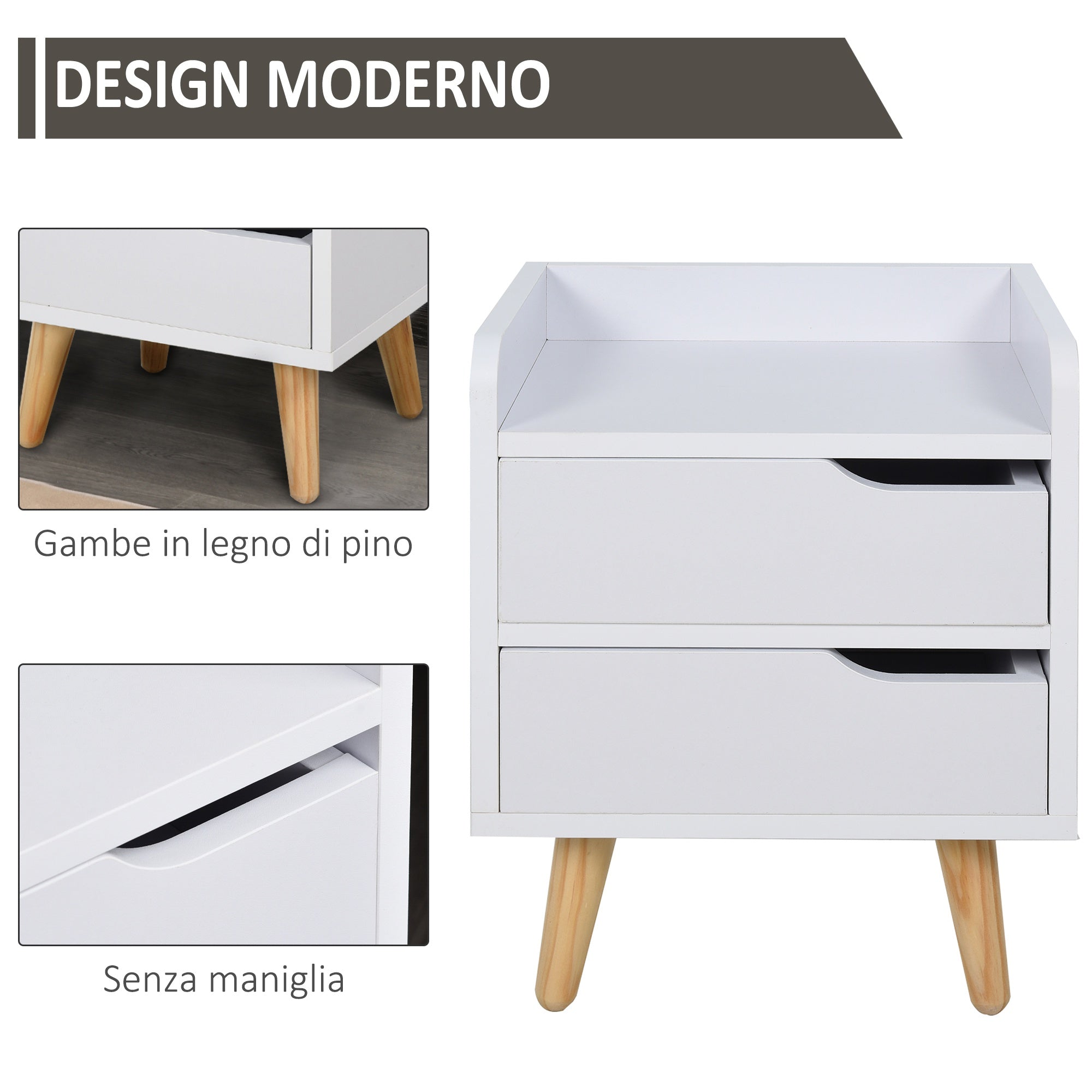 Easycomfort Comodino Salvaspazio dal Design Moderno in Legno white, Piccola Cassettiera Camera da Letto with 2 Cassetti e Piedini in Legno di Pino 33 x 28 x 42cm