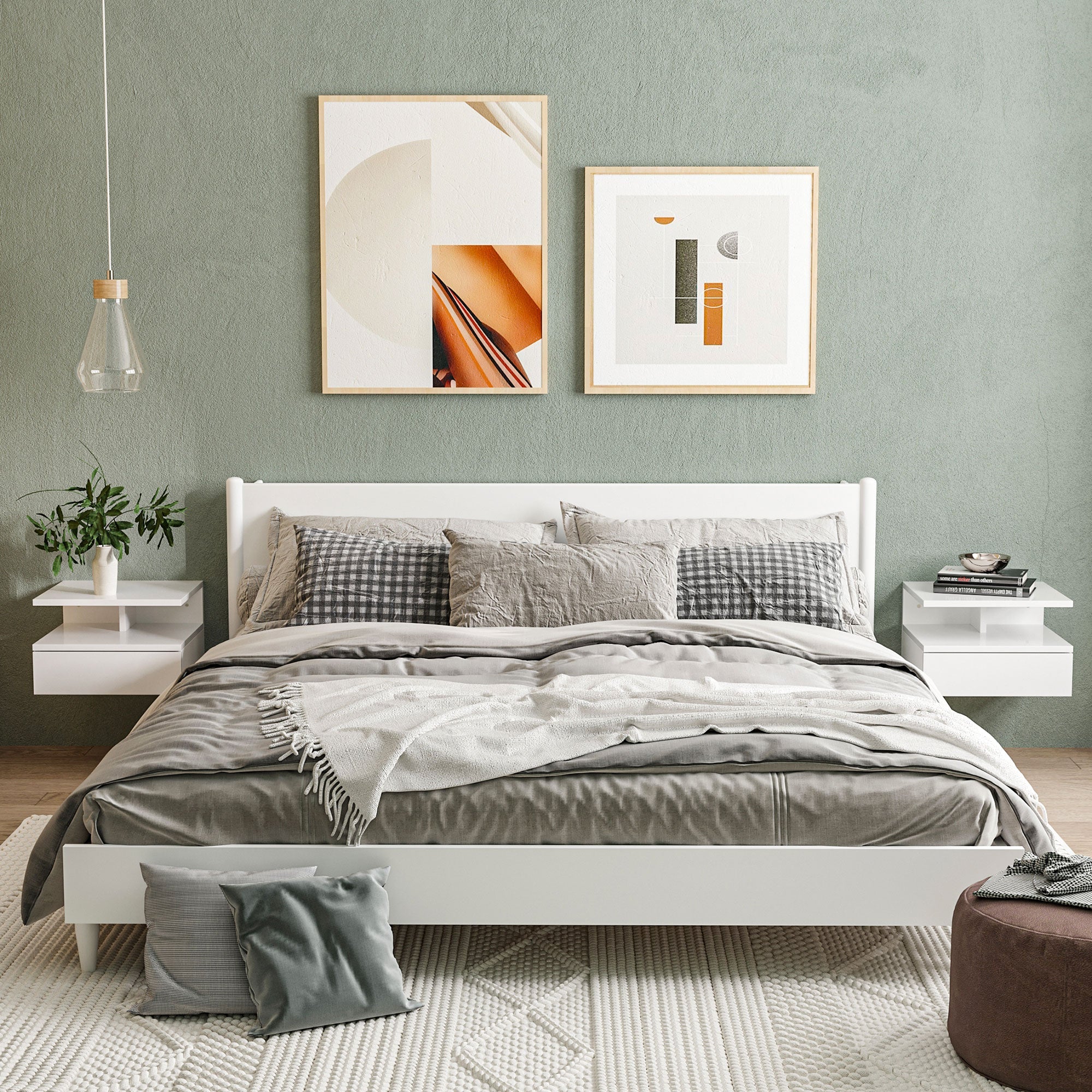 Easycomfort Set da 2 Comodini Moderni Sospesi with Cassetto e Mensola in Legno 35x32x22.5cm, white Lucido