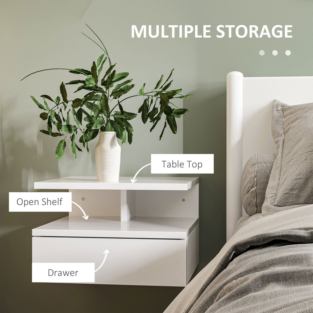 Easycomfort Set da 2 Comodini Moderni Sospesi with Cassetto e Mensola in Legno 35x32x22.5cm, white Lucido