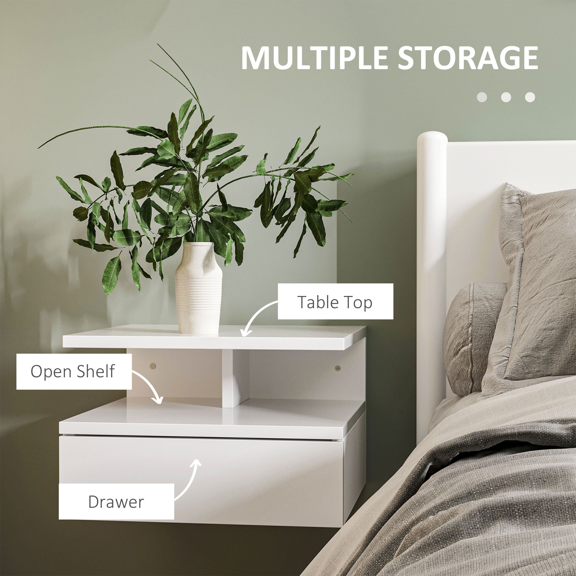 Easycomfort Set da 2 Comodini Moderni Sospesi with Cassetto e Mensola in Legno 35x32x22.5cm, white Lucido