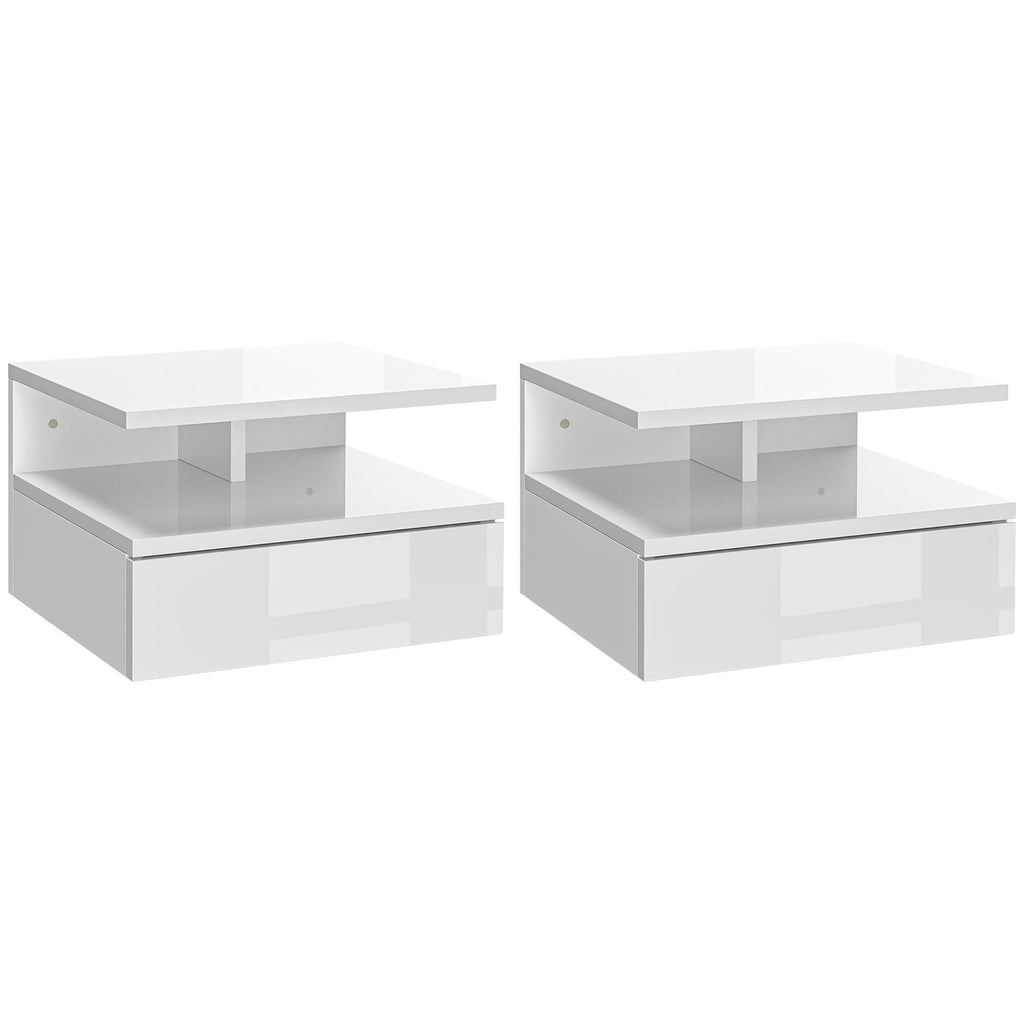 Easycomfort Set da 2 Comodini Moderni Sospesi with Cassetto e Mensola in Legno 35x32x22.5cm, white Lucido