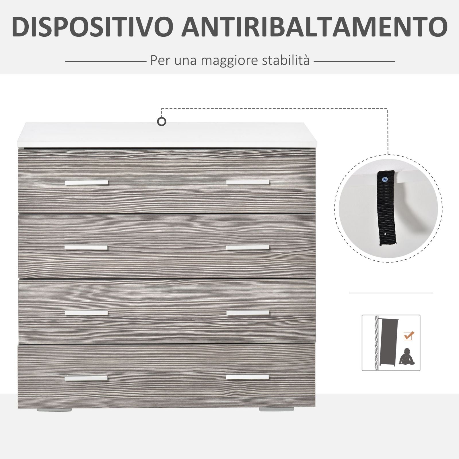 Easycomfort Cassettiera Camera da Letto Moderna 4 Cassetti with Maniglie in Alluminio e Struttura in Legno, 76x35x72cm, white e Grigio