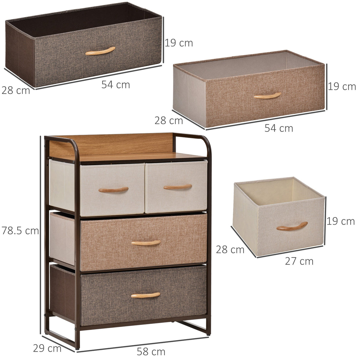 EasyComfort ladekast 4 opvouwbare stoffen lades 58x29x78.5 cm multikleur