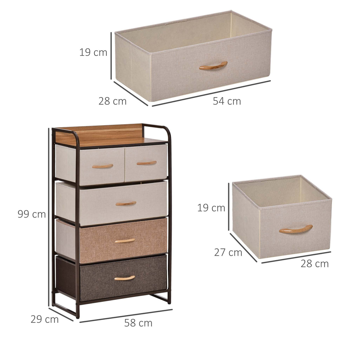 EasyComfort ladekast met 5 stoffen lades 58x29x99cm multikleur