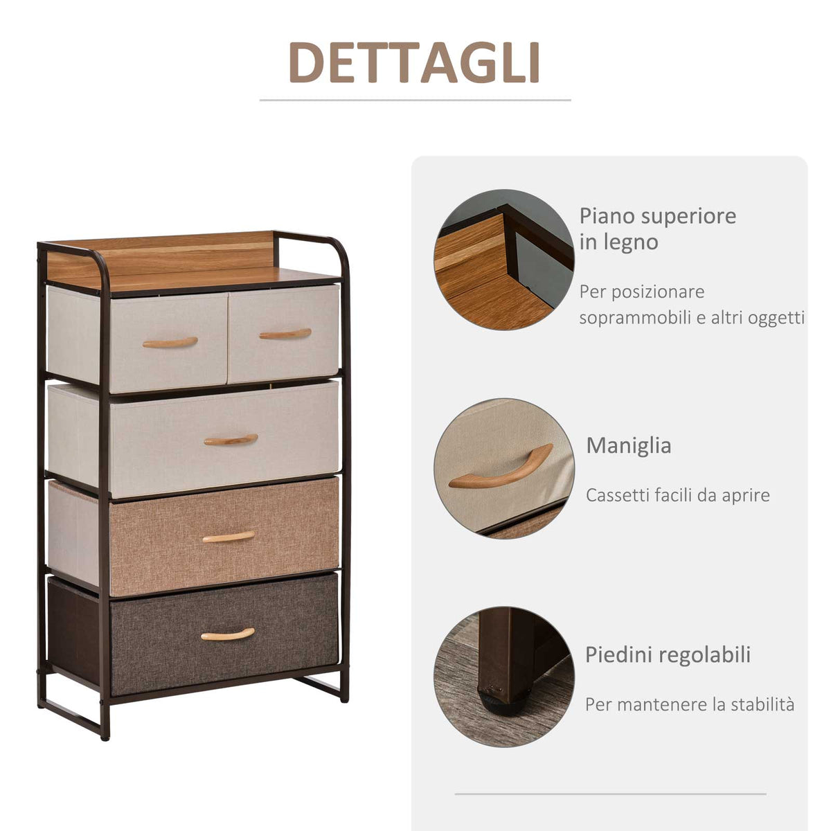 EasyComfort ladekast met 5 stoffen lades 58x29x99cm multikleur