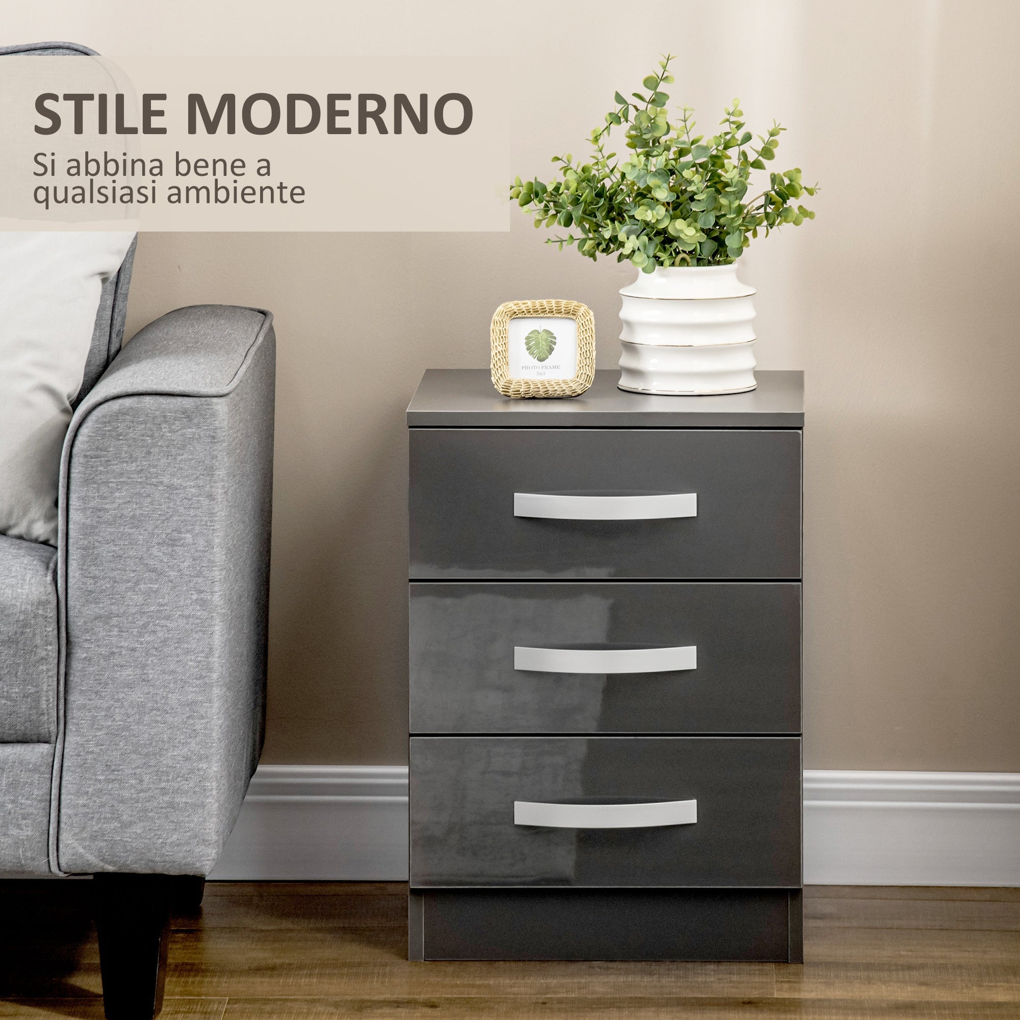 EasyComfort Set 2 Comodini Moderni with 3 Cassetti per Camera da Letto e Soggiorno in Truciolato, 40x36x56 cm, Grigio