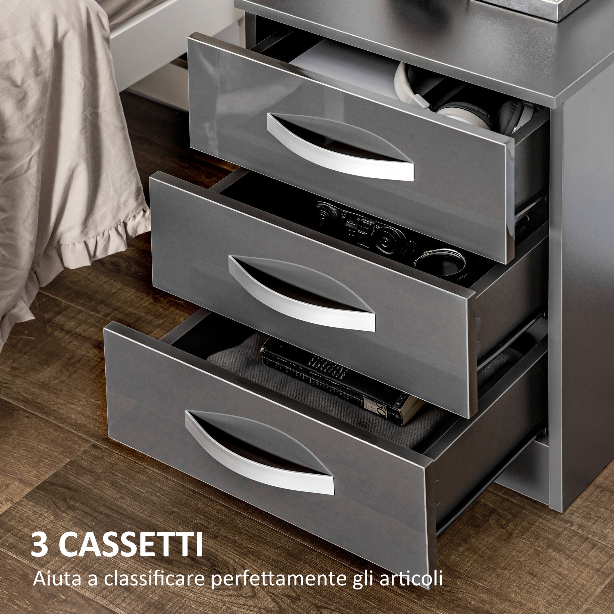 EasyComfort Set 2 Comodini Moderni with 3 Cassetti per Camera da Letto e Soggiorno in Truciolato, 40x36x56 cm, Grigio
