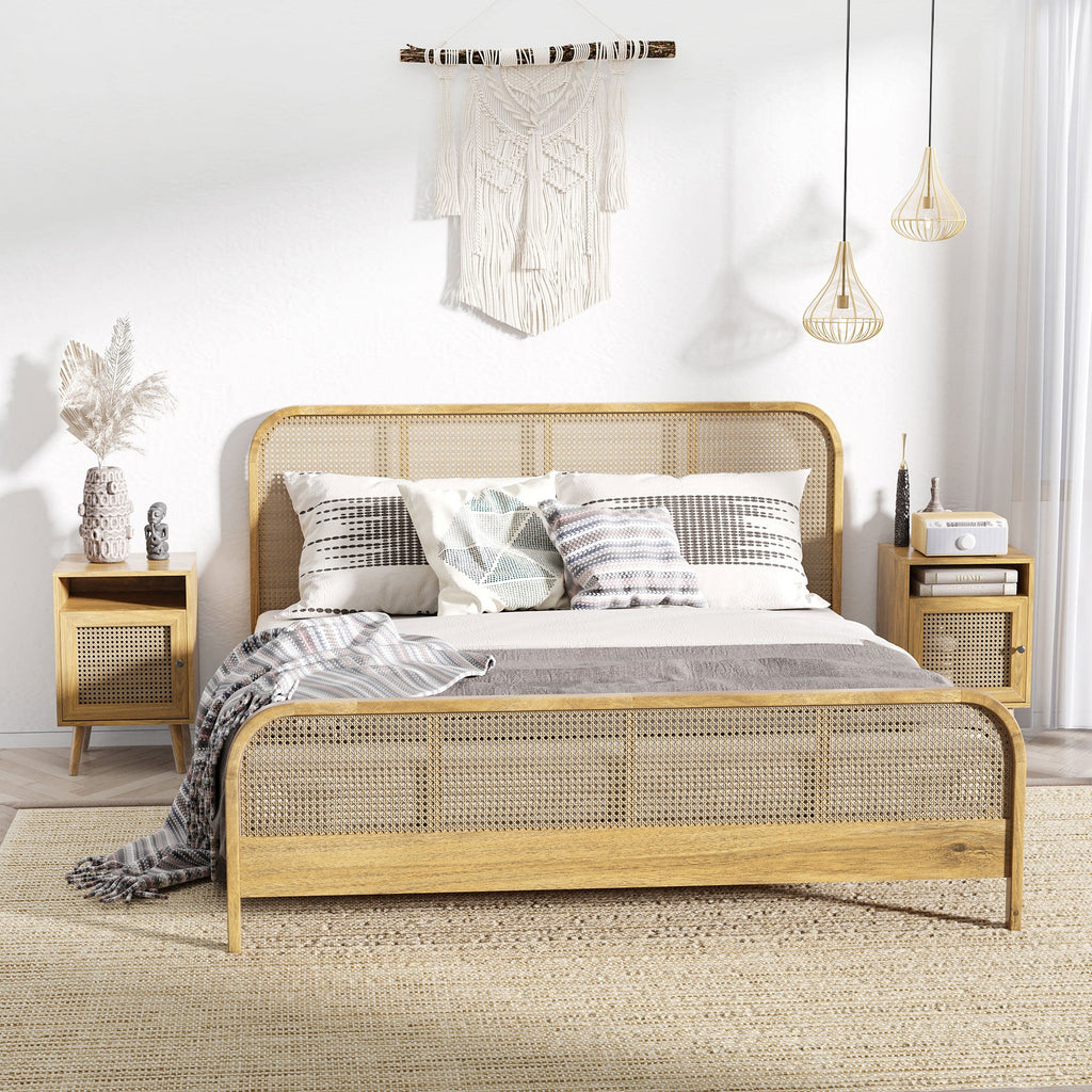 Easycomfort Set 2 Comodini in Stile Boho with Armadietto e Ripiano Aperto, in Truciolato, Rattan e MDF, 39x35x60 cm