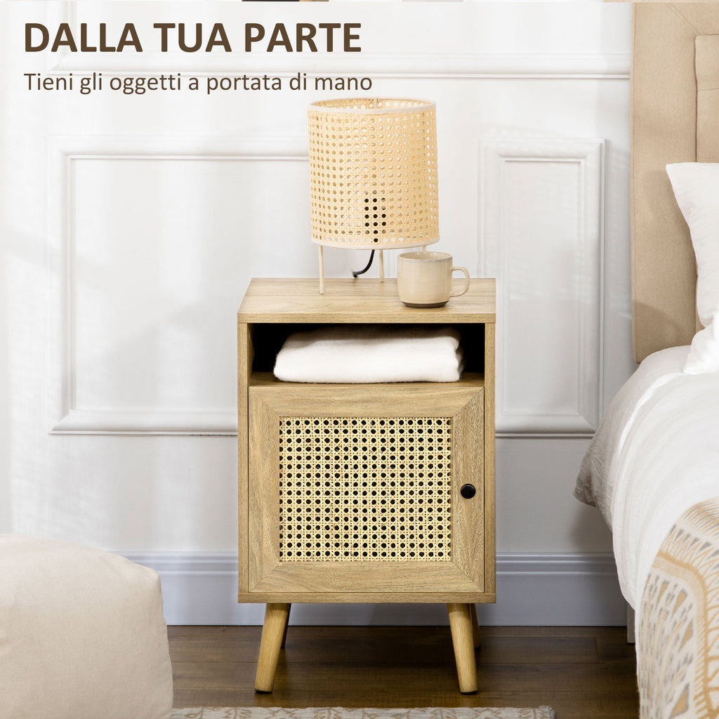 Easycomfort Set 2 Comodini in Stile Boho with Armadietto e Ripiano Aperto, in Truciolato, Rattan e MDF, 39x35x60 cm