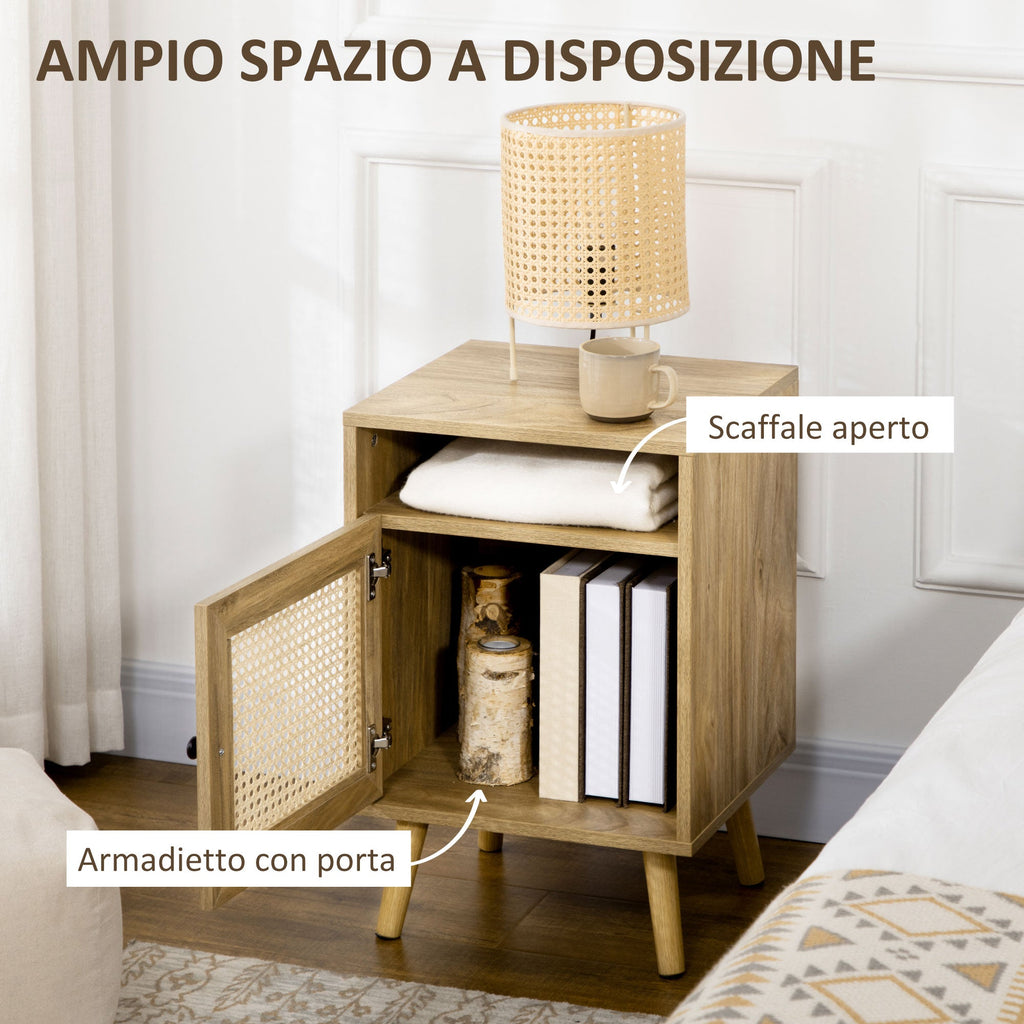 Easycomfort Set 2 Comodini in Stile Boho with Armadietto e Ripiano Aperto, in Truciolato, Rattan e MDF, 39x35x60 cm
