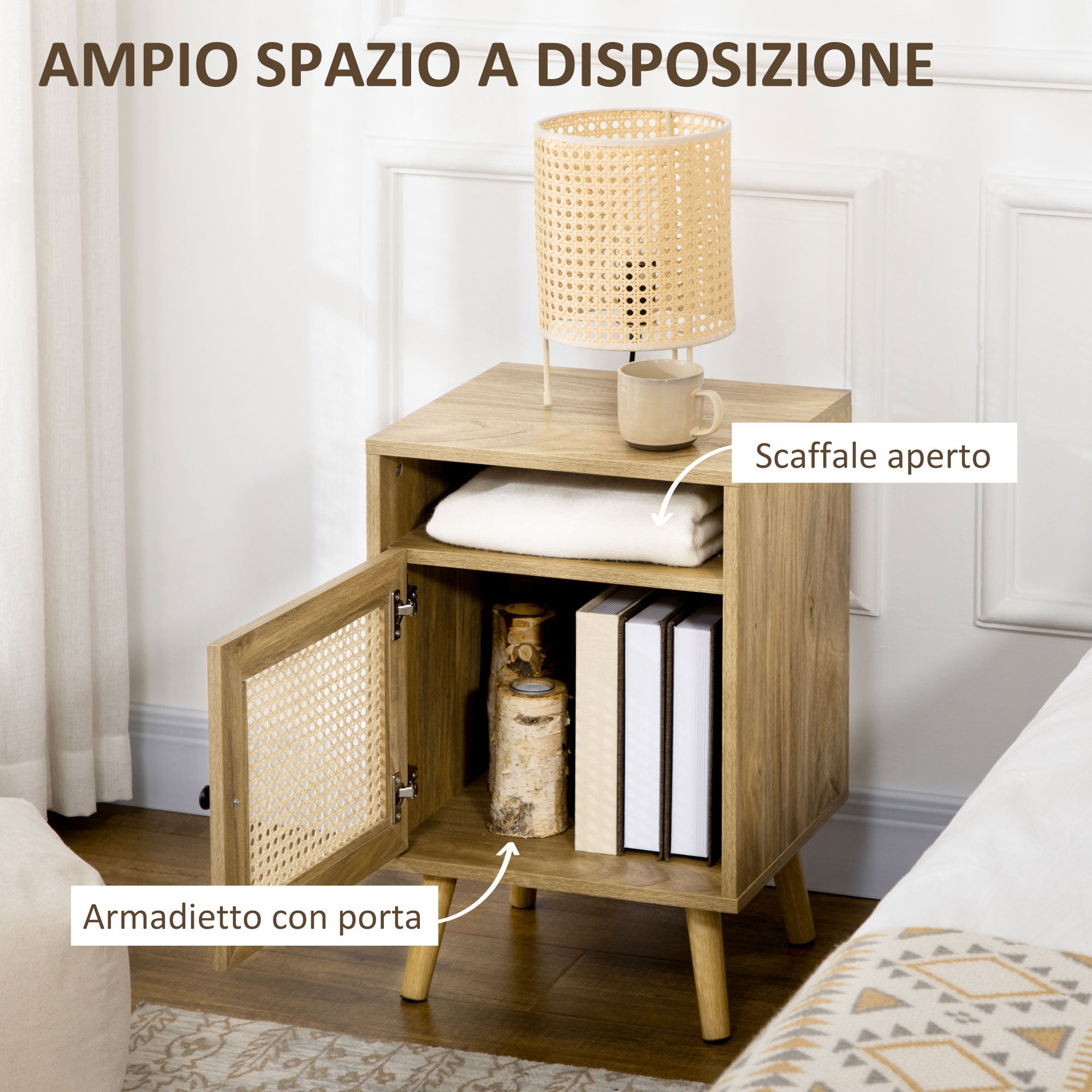 Easycomfort Set 2 Comodini in Stile Boho with Armadietto e Ripiano Aperto, in Truciolato, Rattan e MDF, 39x35x60 cm