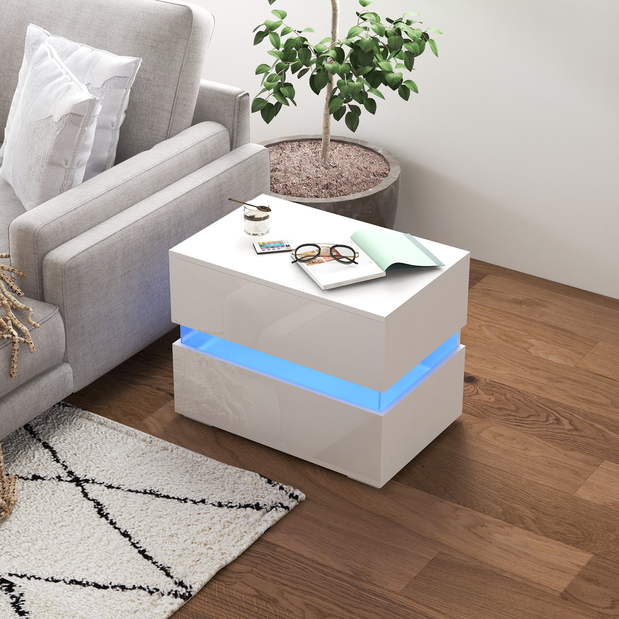 Easycomfort Comodino with luce LED RGB incorporata with 2 cassetti, 4 Modalità di luce e 16 colori, in Truciolato, 60x39x47cm, white