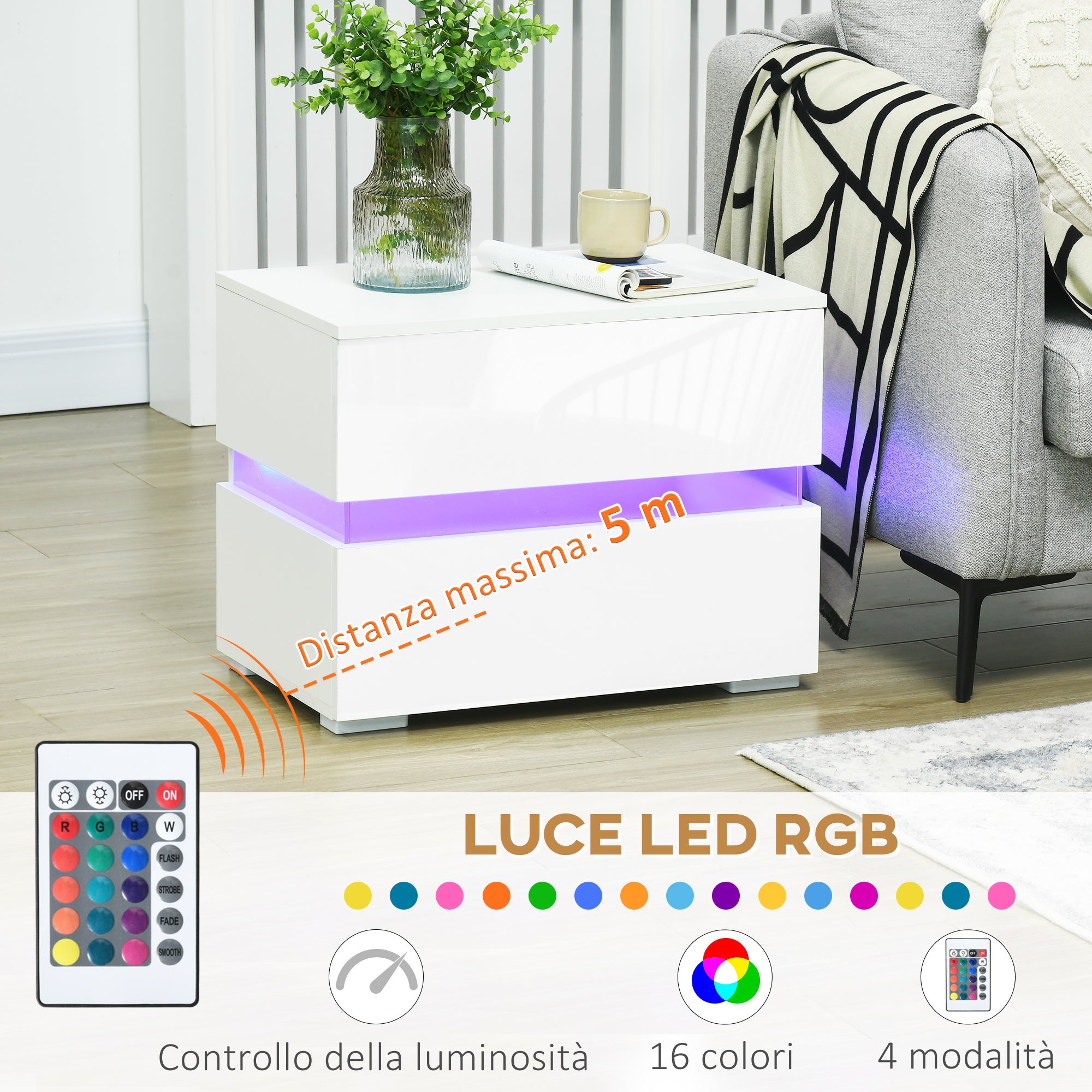 Easycomfort Comodino with luce LED RGB incorporata with 2 cassetti, 4 Modalità di luce e 16 colori, in Truciolato, 60x39x47cm, white