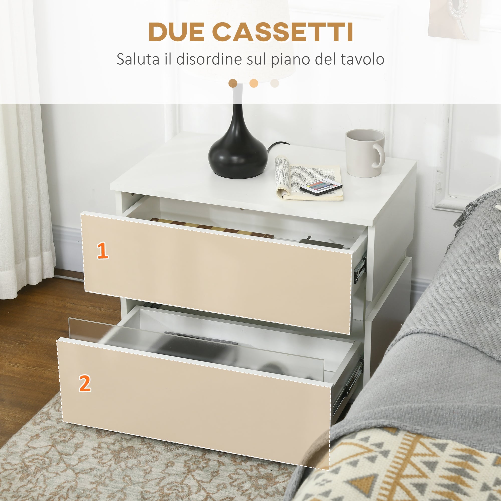 Easycomfort Comodino with luce LED RGB incorporata with 2 cassetti, 4 Modalità di luce e 16 colori, in Truciolato, 60x39x47cm, white