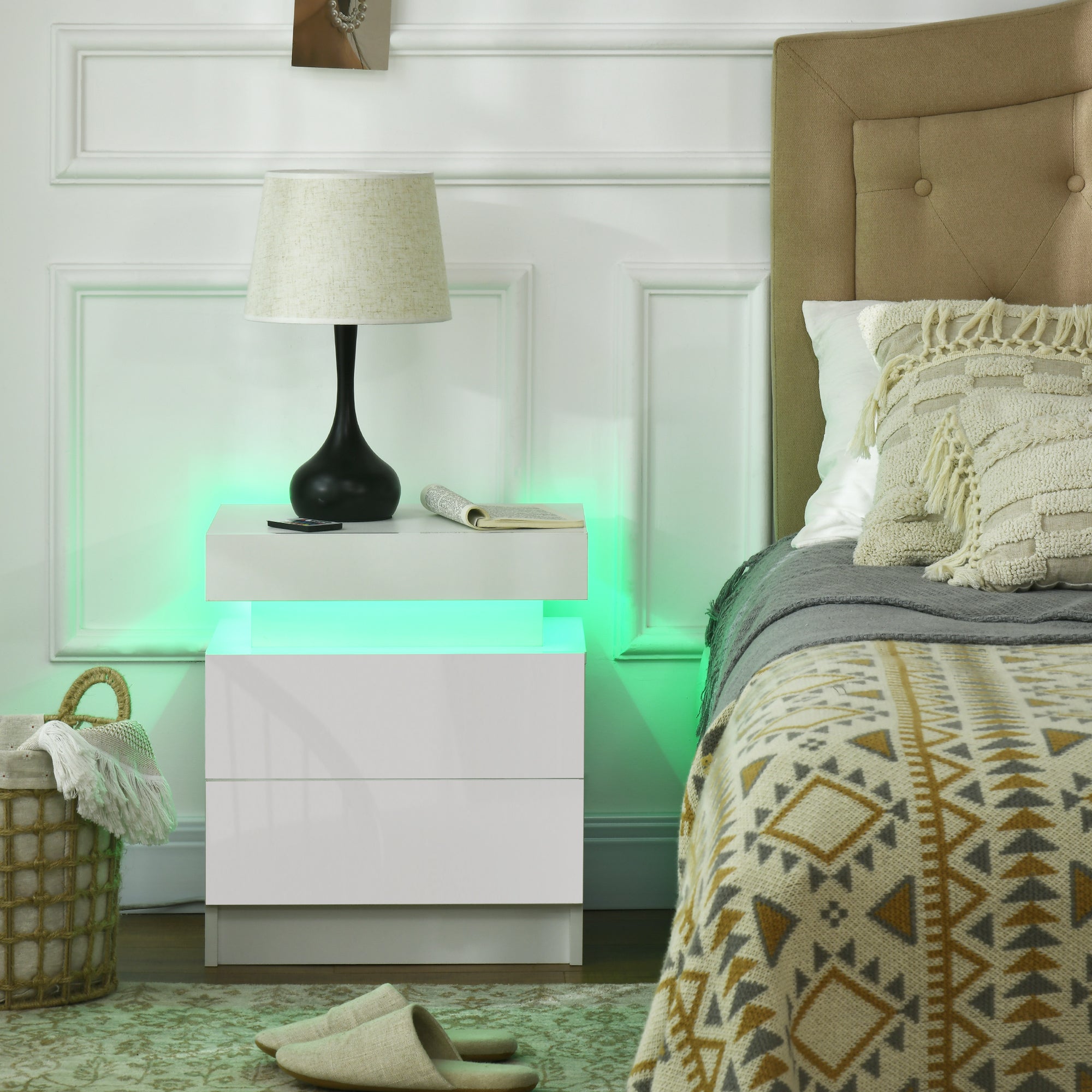 EasyComfort Comodino with luce LED RGB e 2 cassetti, 4 Modalità di luce e 16 colori, 45x35x52cm, white