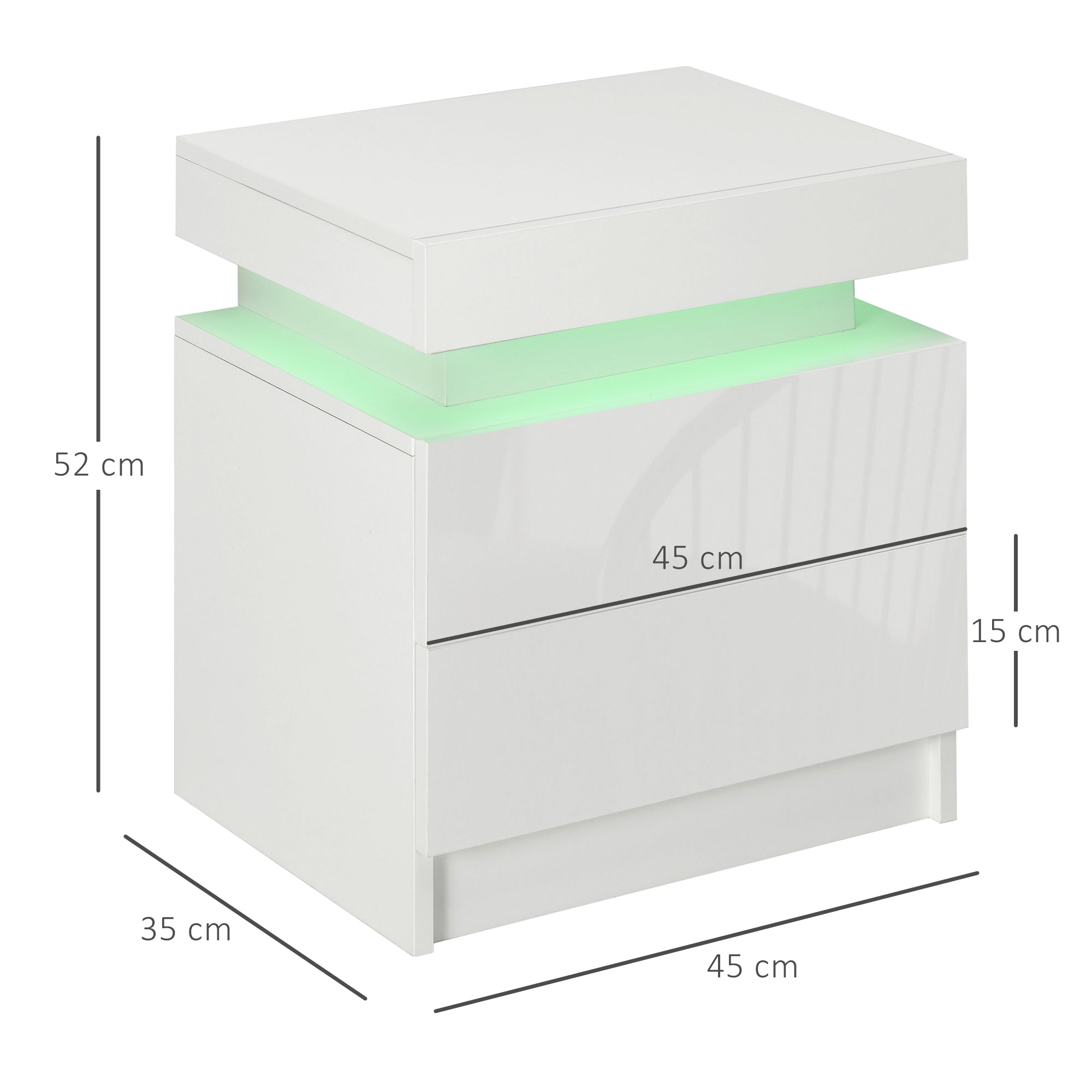 EasyComfort Comodino with luce LED RGB e 2 cassetti, 4 Modalità di luce e 16 colori, 45x35x52cm, white
