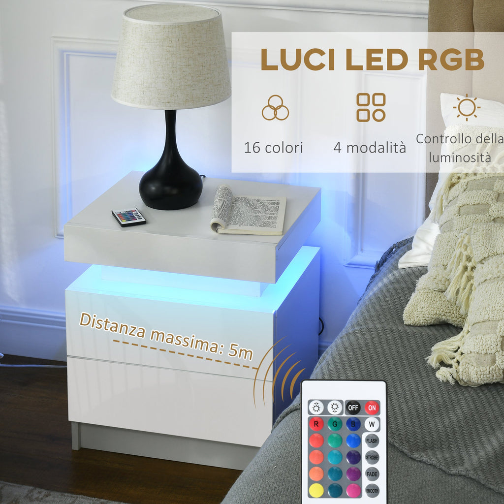 EasyComfort Comodino with luce LED RGB e 2 cassetti, 4 Modalità di luce e 16 colori, 45x35x52cm, white