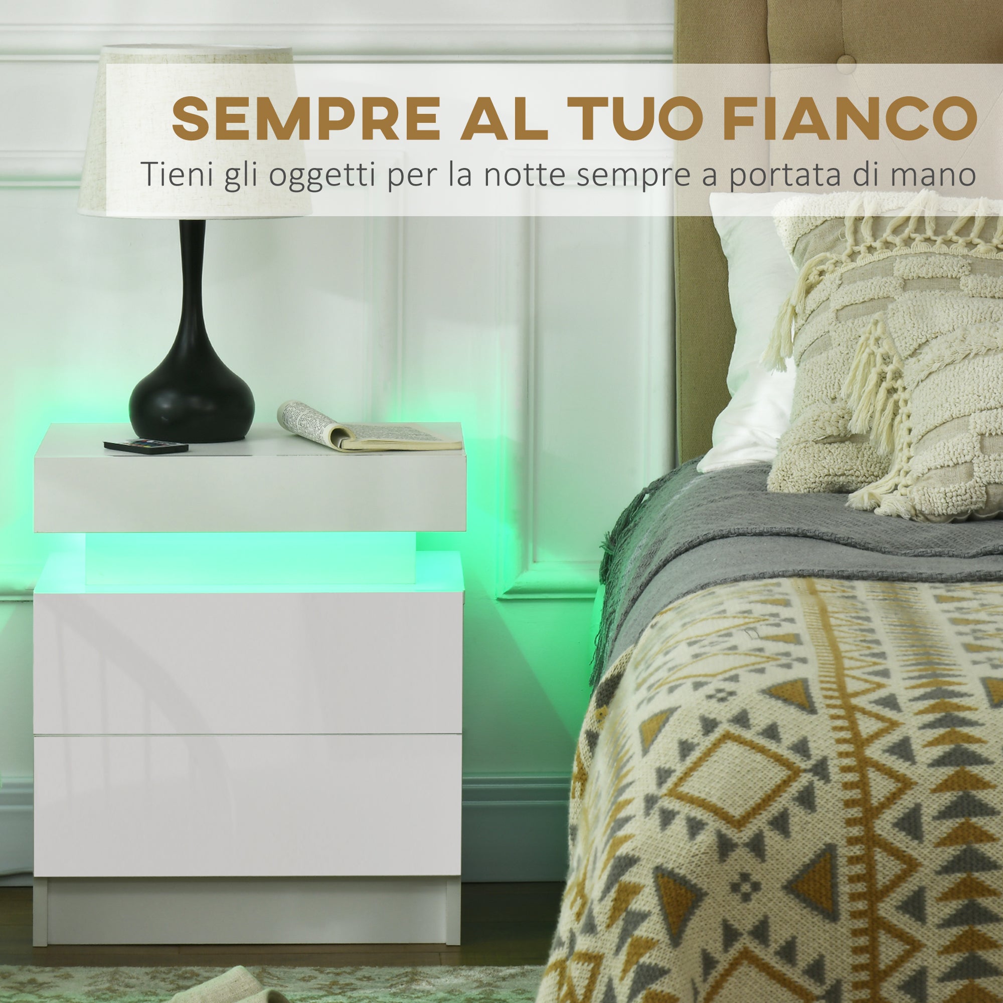 EasyComfort Comodino with luce LED RGB e 2 cassetti, 4 Modalità di luce e 16 colori, 45x35x52cm, white